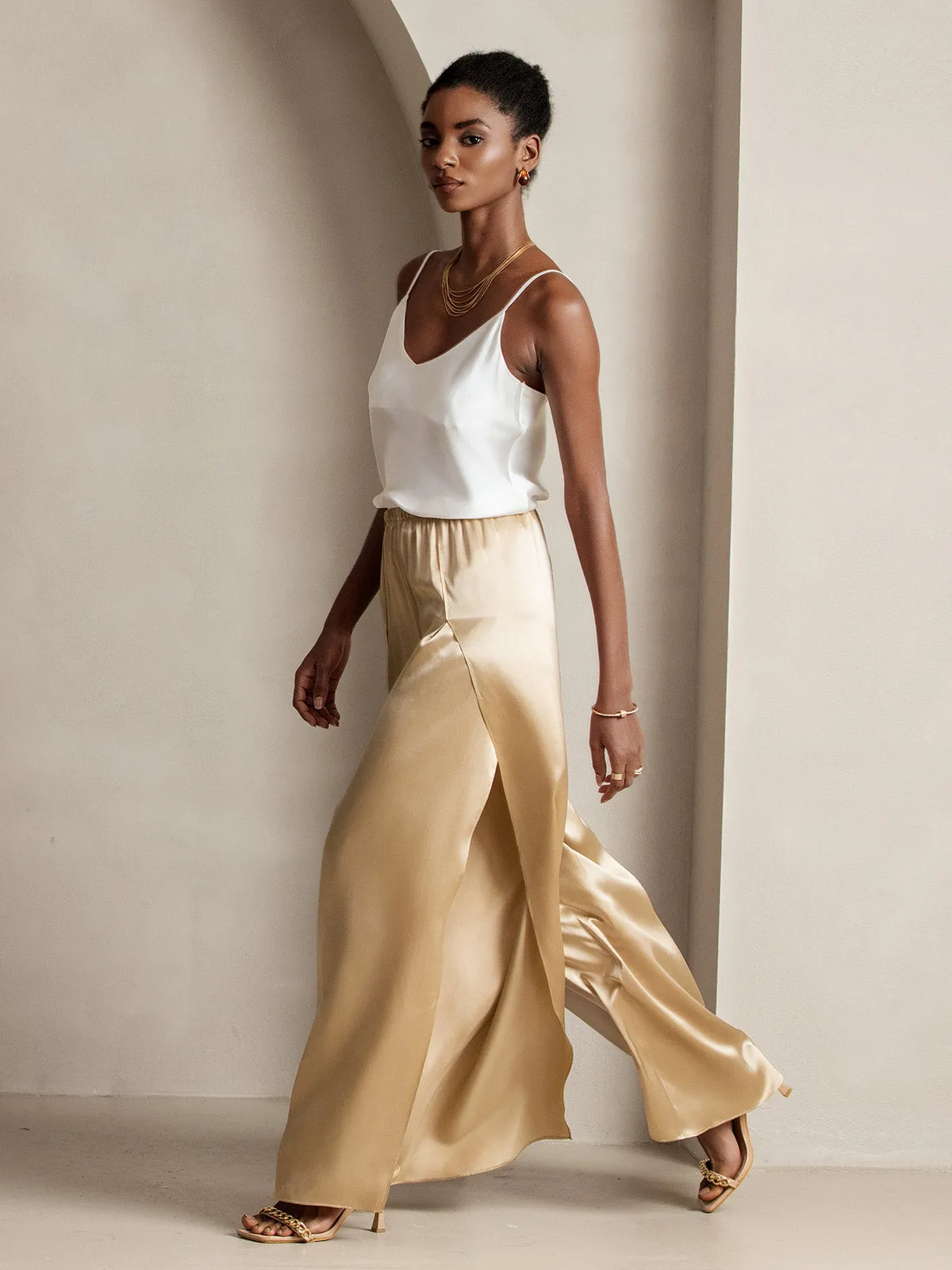 19Momme Silk Fashionable High-Slit Pants