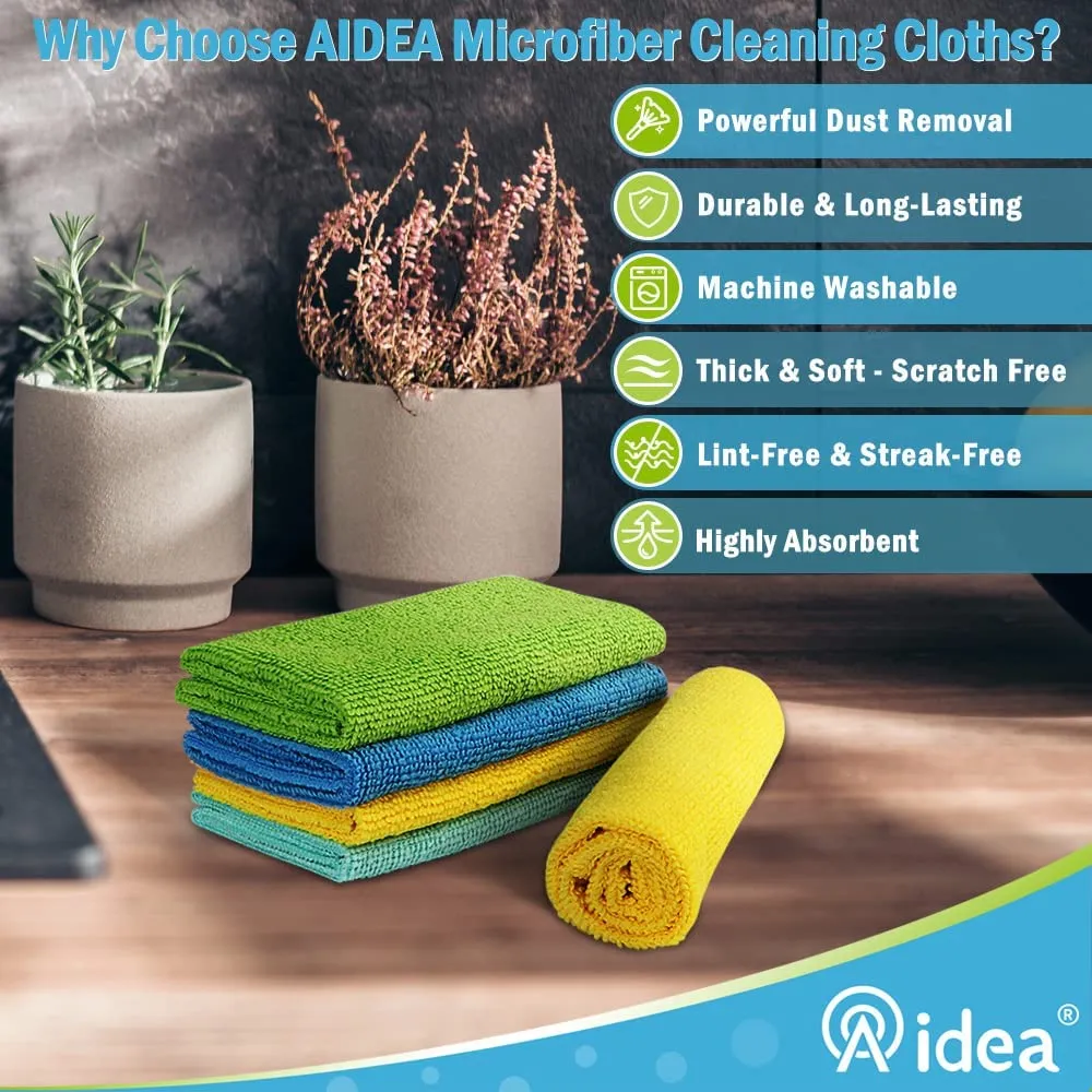 AIDEA Microfiber Cleaning Cloths-12Pack, All-Purpose Softer Highly Absorbent, Lint Free - Streak Free Wash Cloth for House, Kitchen, Car, Window, Gifts(12in.x 12in.)