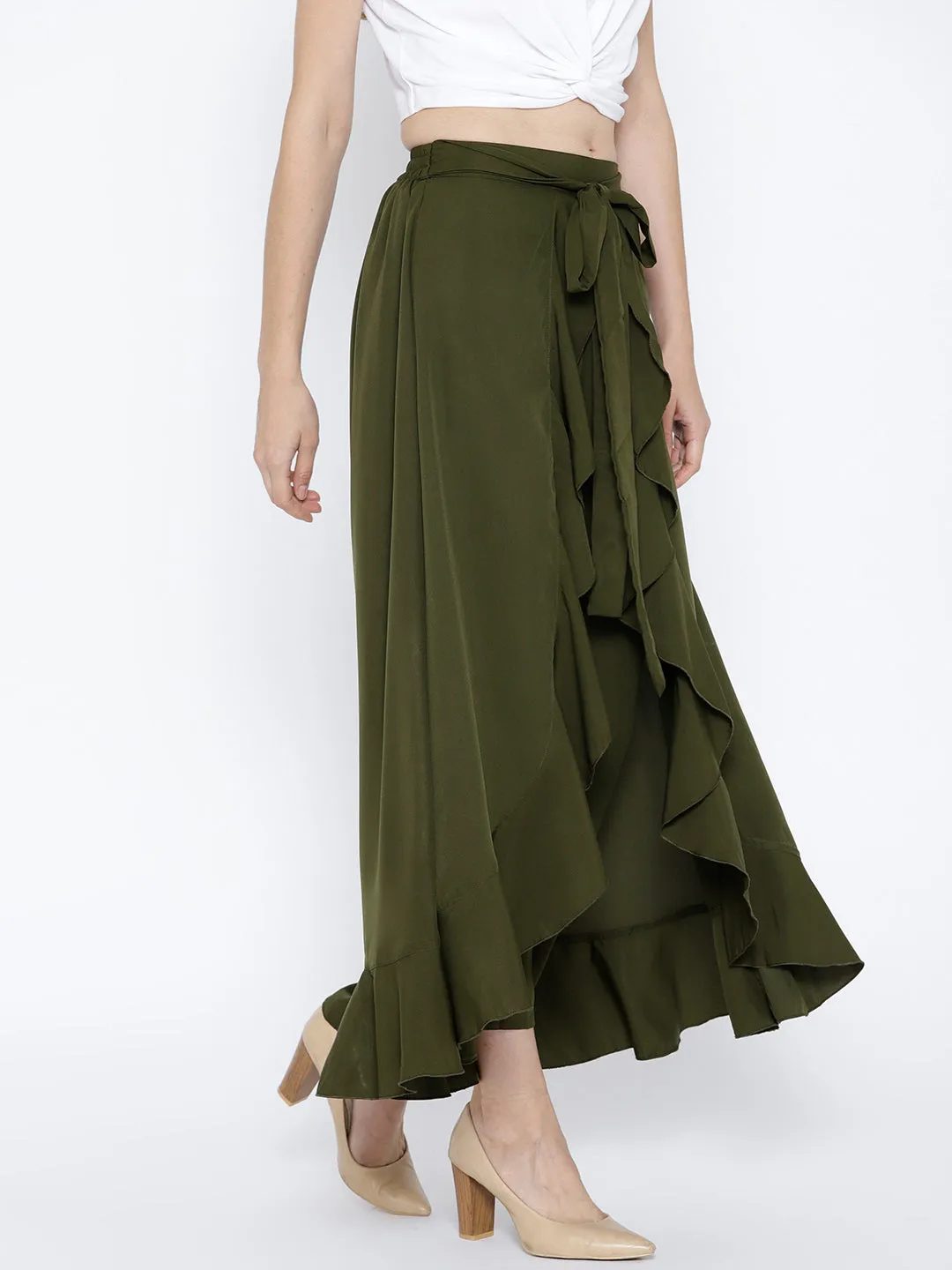 Berrylush Women Solid Olive Green Waist Tie-Up Ruffled Maxi Skirt with Attached Trousers