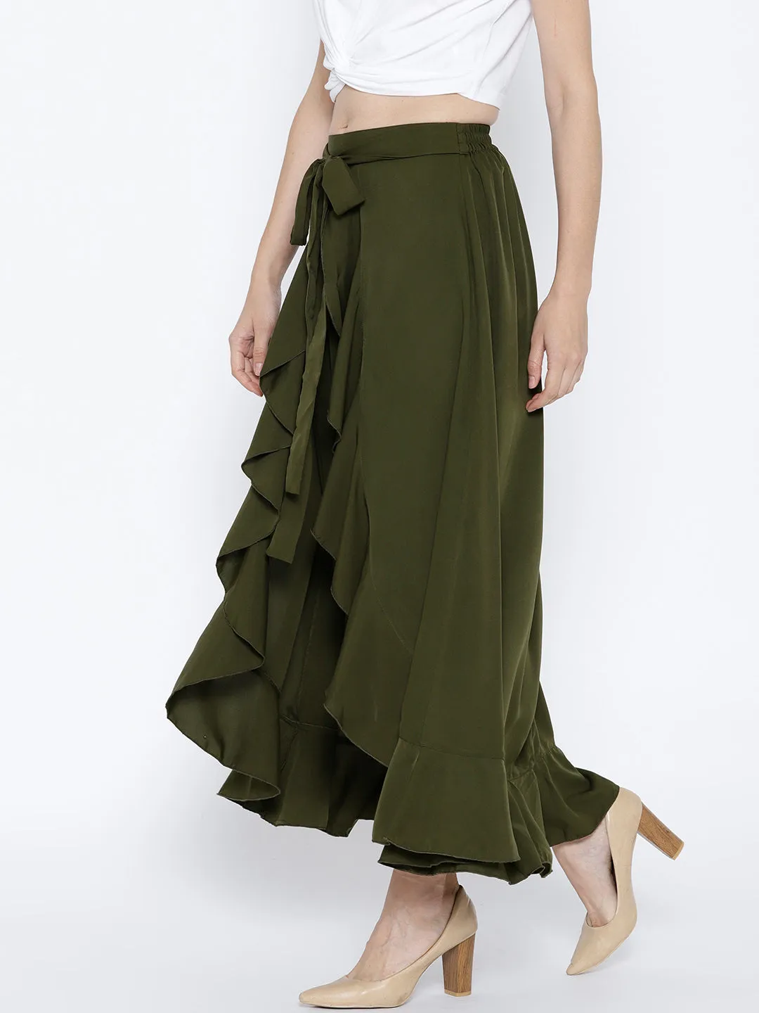 Berrylush Women Solid Olive Green Waist Tie-Up Ruffled Maxi Skirt with Attached Trousers