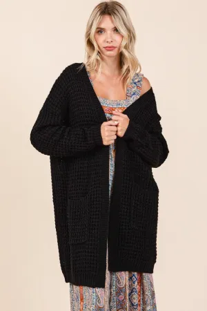 Black Open Front Long Sleeve Longline Cardigan