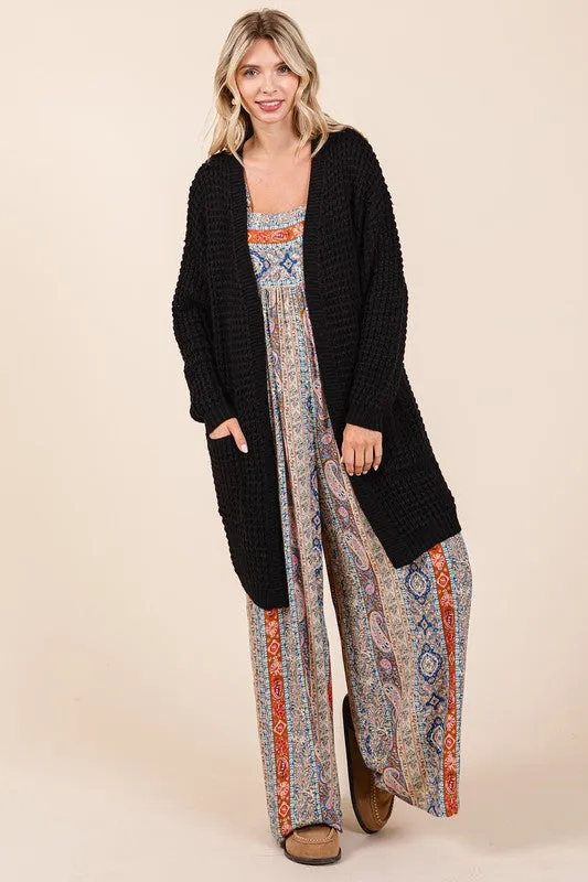 Black Open Front Long Sleeve Longline Cardigan