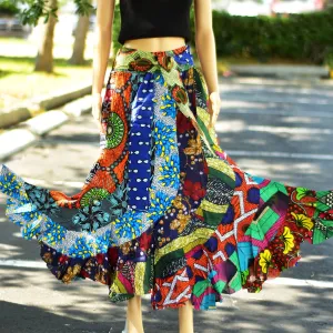 Bohemian Handmade Patchwork African Tiered Skirt Pure Wax Cotton Long Ruffled Skirt With Head Scarf And Two Pockets Tube Dress