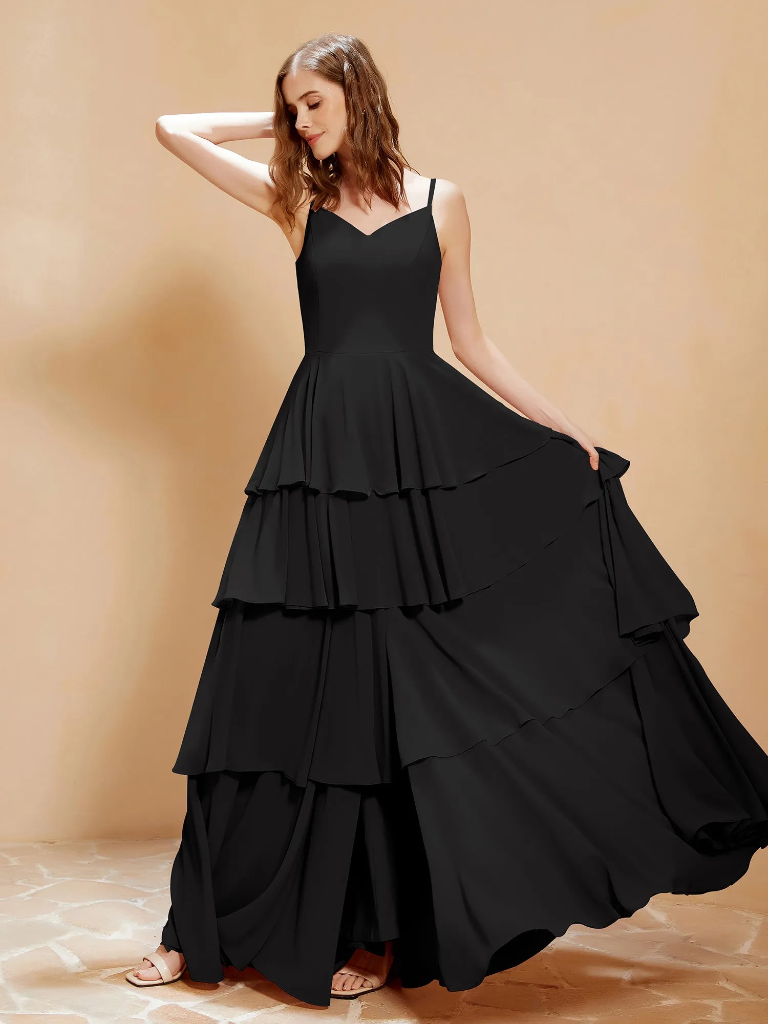 Boho V-neck Floor-length Dress Flowy Ruffles Black