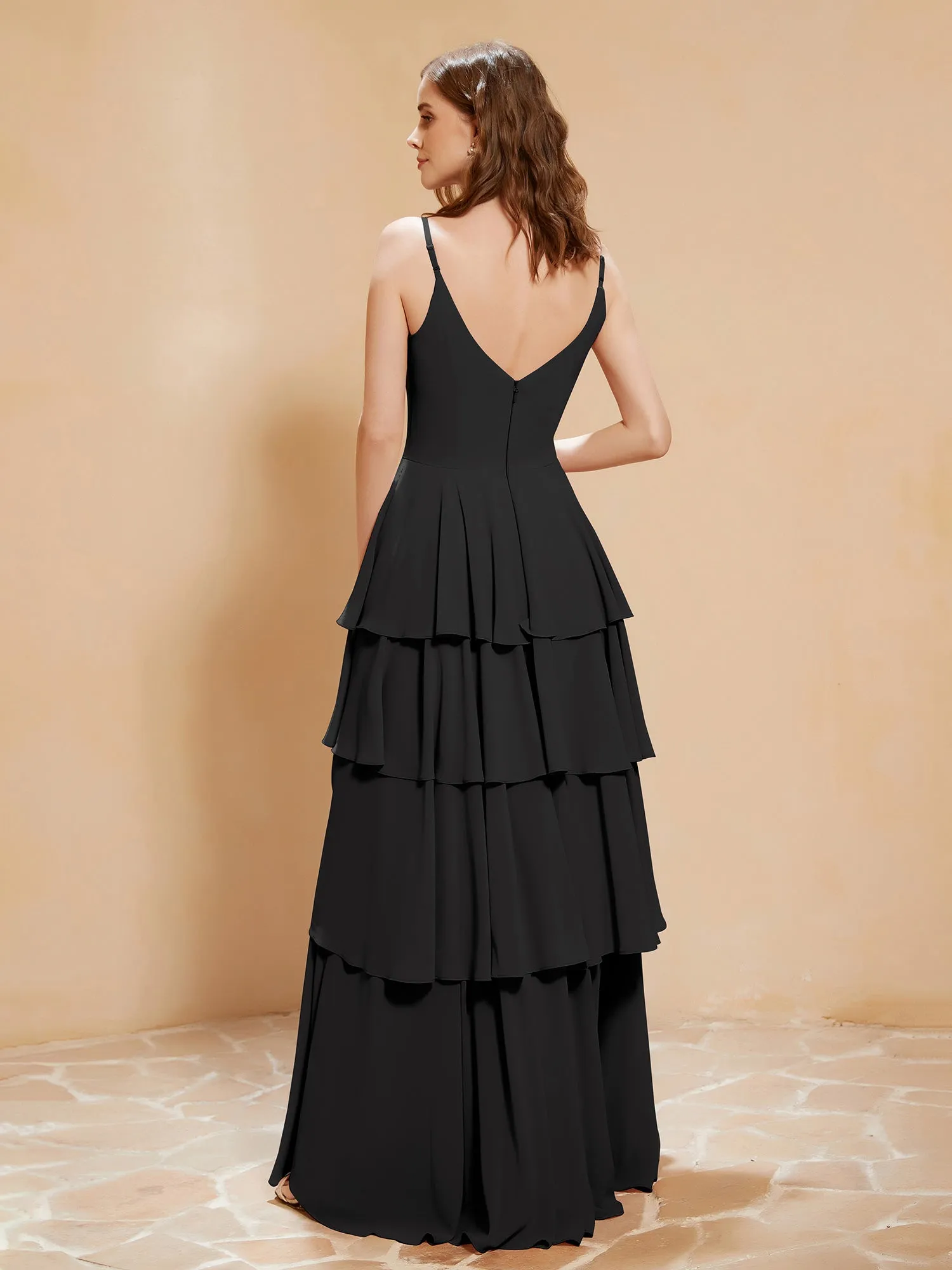 Boho V-neck Floor-length Dress Flowy Ruffles Black