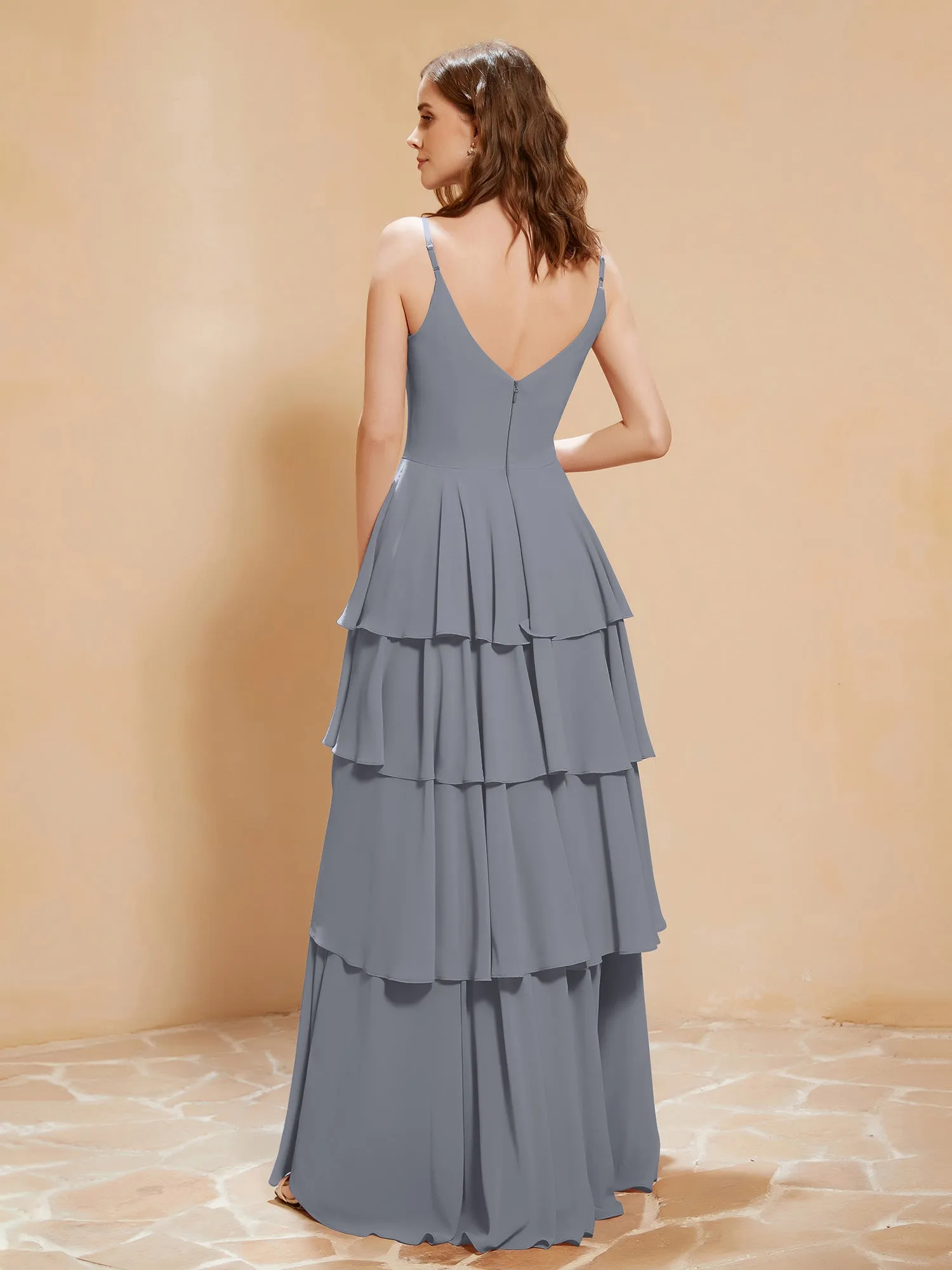 Boho V-neck Floor-length Dress Flowy Ruffles Steel Grey