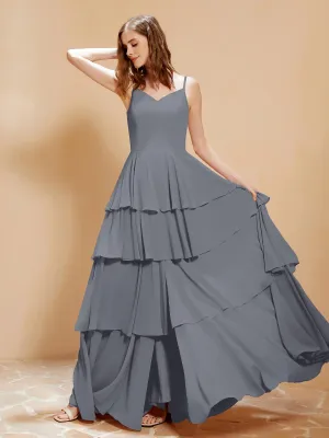 Boho V-neck Floor-length Dress Flowy Ruffles Steel Grey