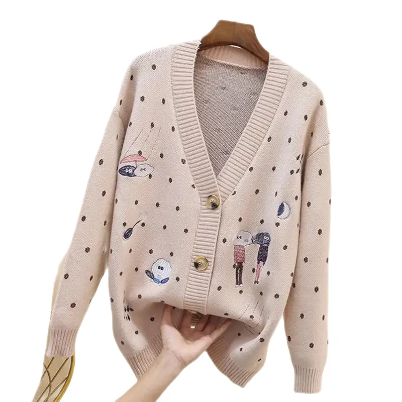 Dot Cartoon Long Sleeve Knit Cardigan