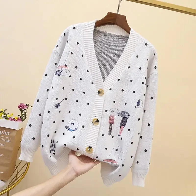 Dot Cartoon Long Sleeve Knit Cardigan