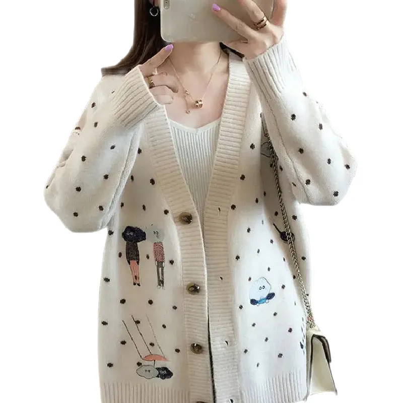 Dot Cartoon Long Sleeve Knit Cardigan