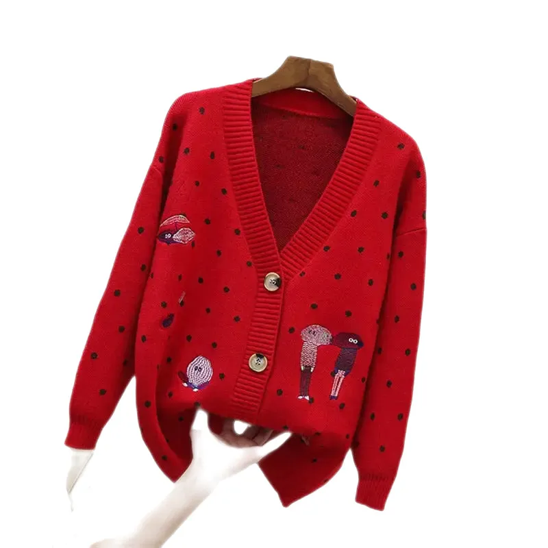 Dot Cartoon Long Sleeve Knit Cardigan