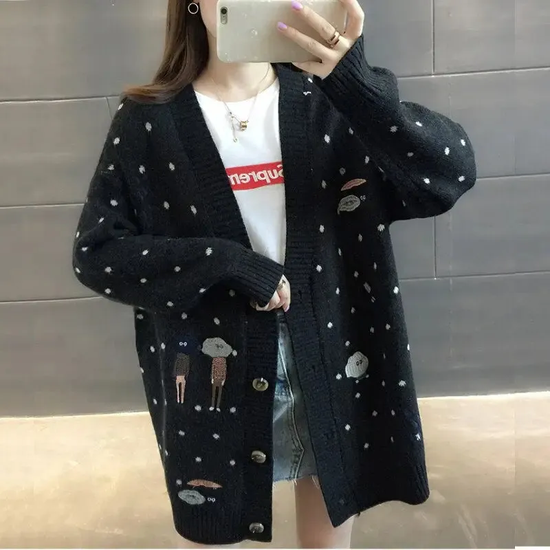 Dot Cartoon Long Sleeve Knit Cardigan