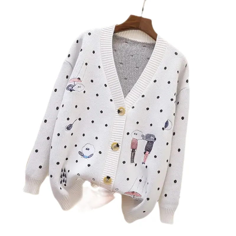 Dot Cartoon Long Sleeve Knit Cardigan