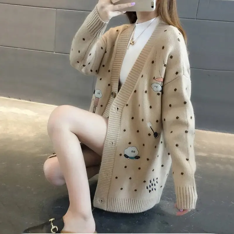 Dot Cartoon Long Sleeve Knit Cardigan