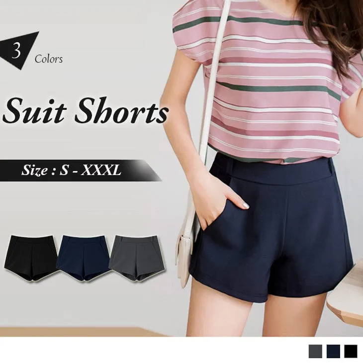 ELASTIC WAIST PLAIN SUIT SHORTS