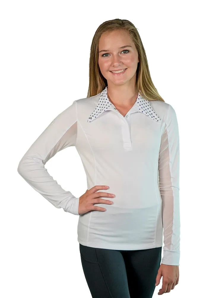 Equestrian Show Shirt White with Navy Polka Dots Trim