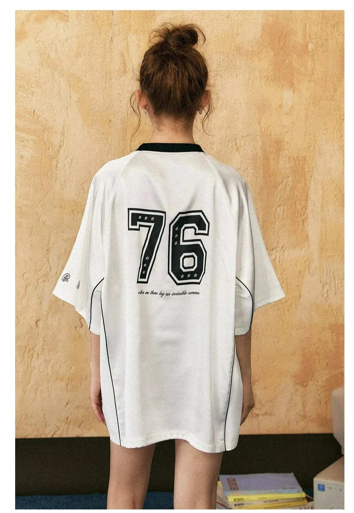 Ezek Feelproject Oversized Graphic T-Shirt - Unisex V-Neck Jersey With Contrast Trim And Logo Print