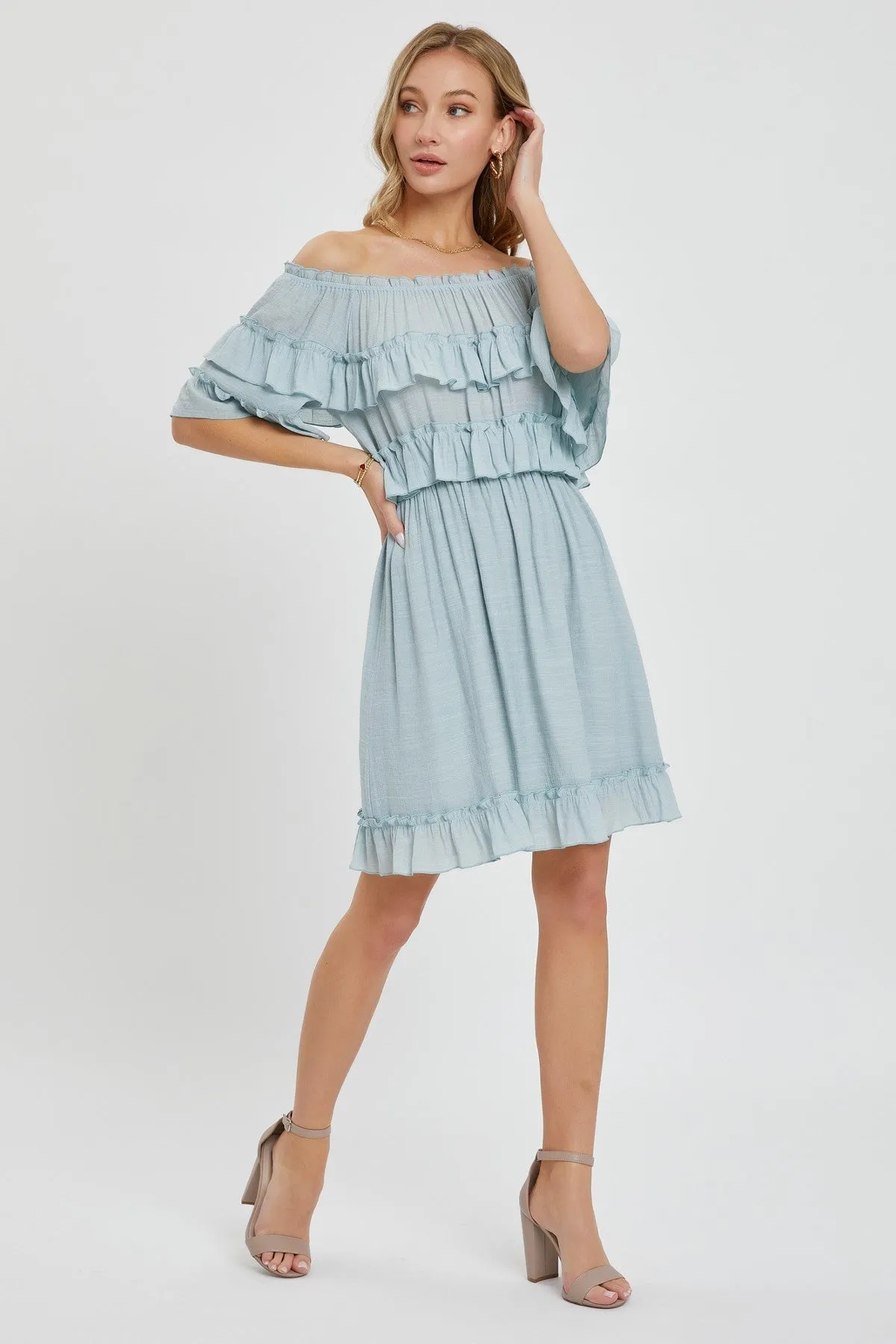 Flirty Blue Off Shoulder Ruffle Midi Dress