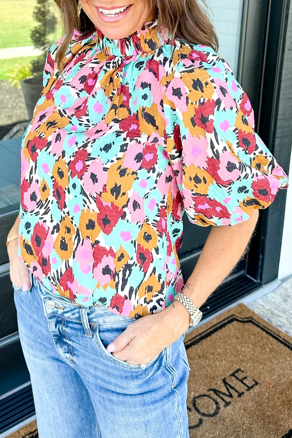 Floral Frilled High Neck Blouse