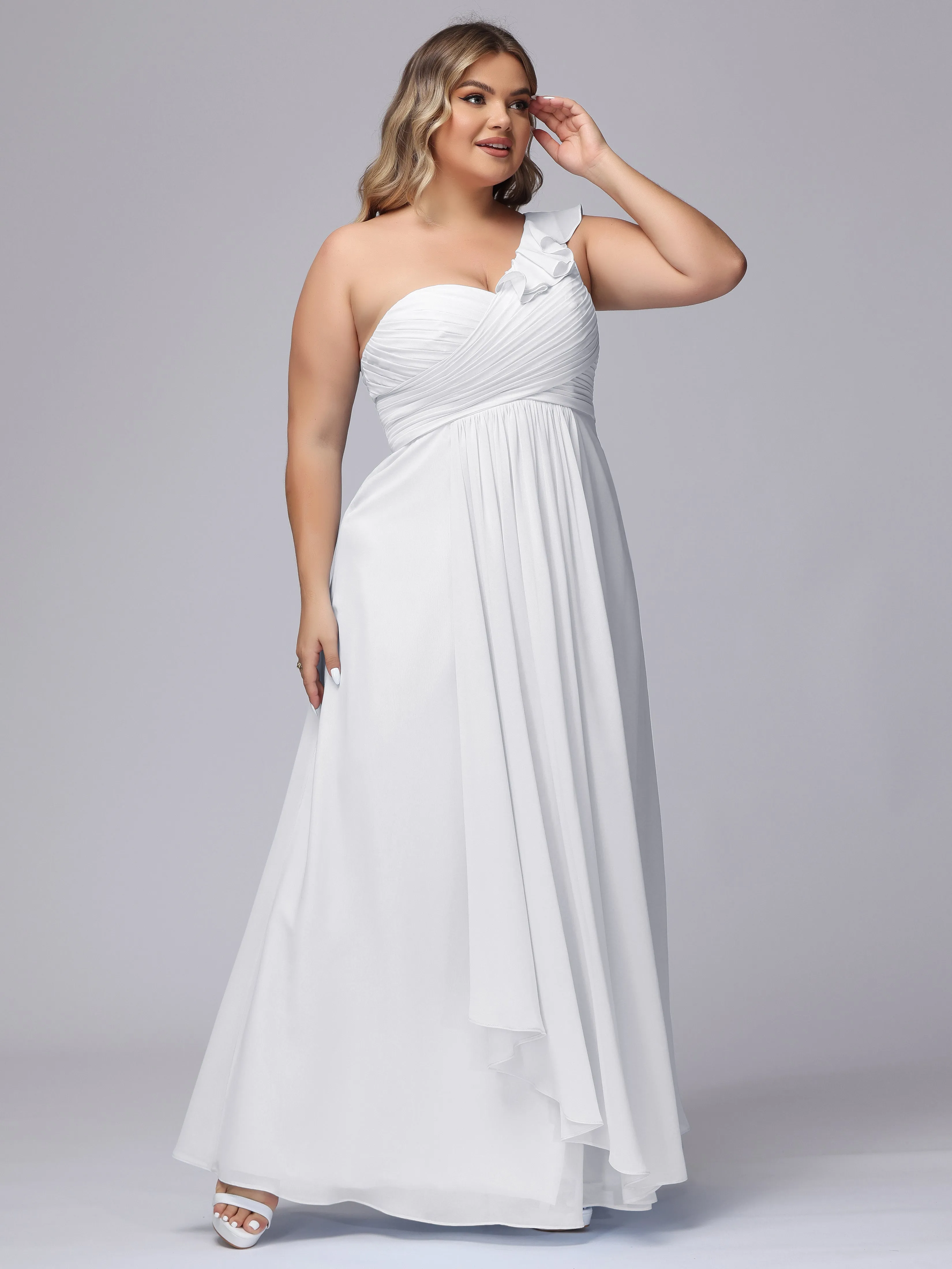 Flowy One-Shoulder Ruffles Chiffon Plus Size Bridesmaid Dresses