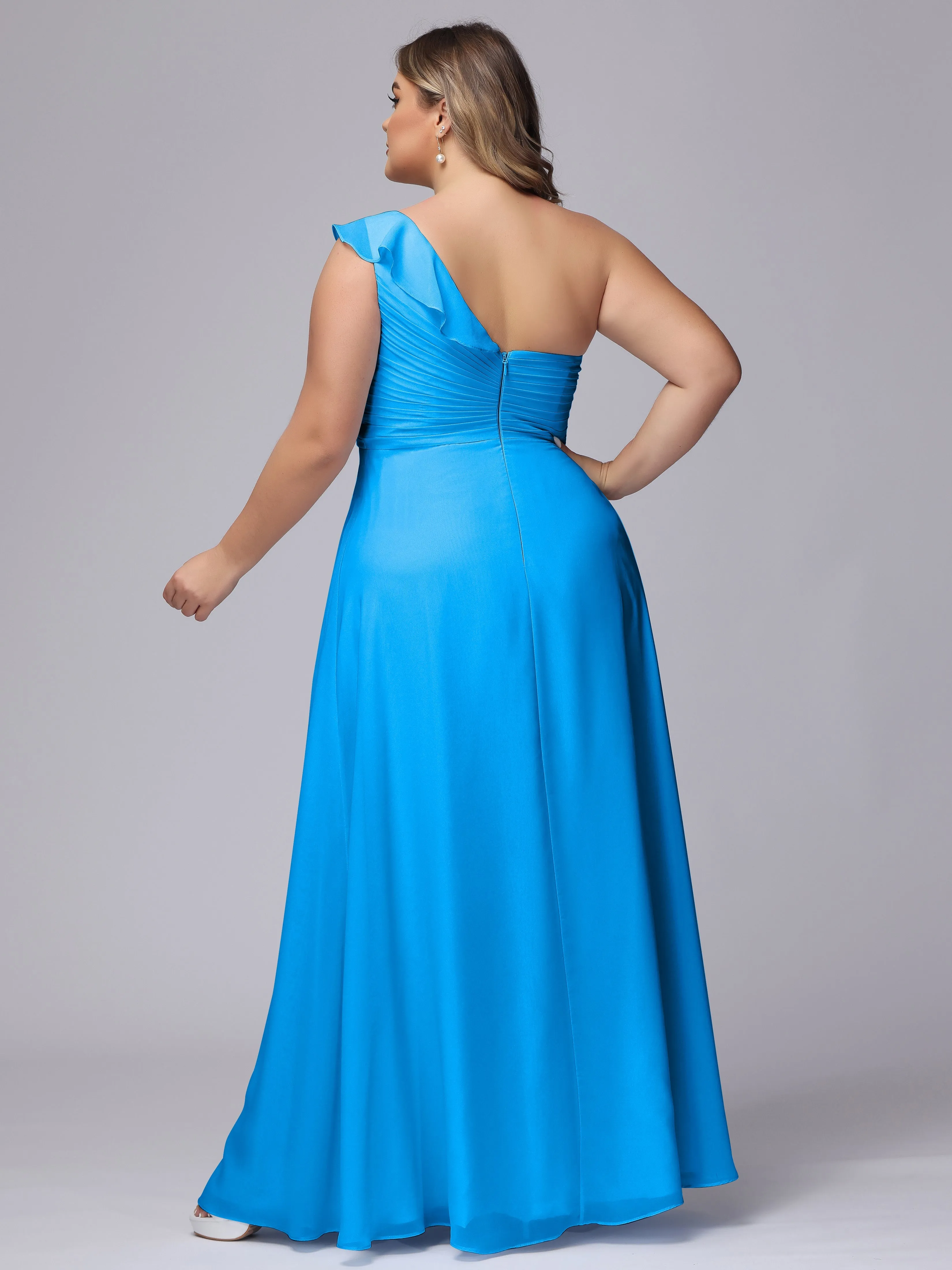 Flowy One-Shoulder Ruffles Chiffon Plus Size Bridesmaid Dresses