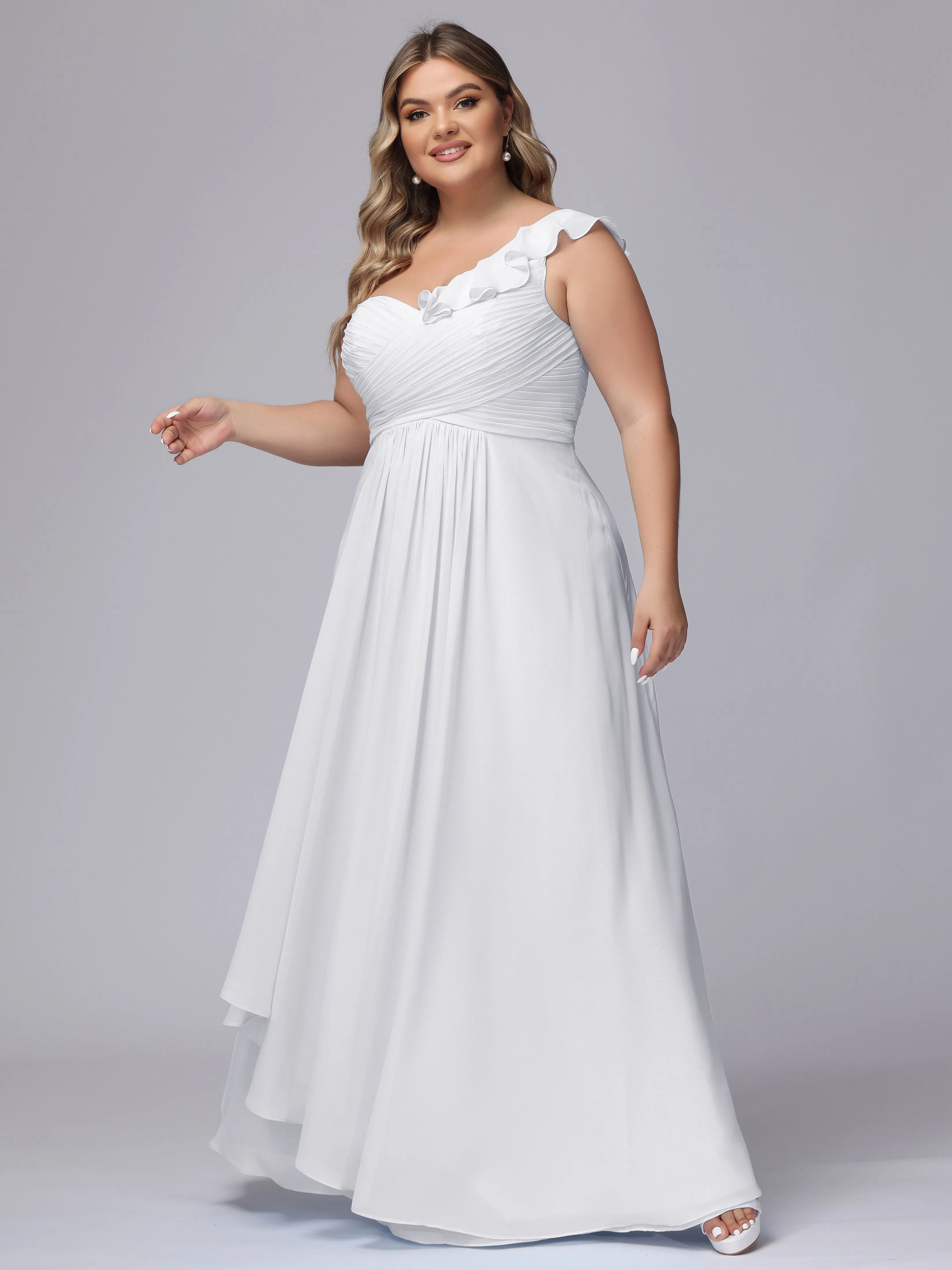 Flowy One-Shoulder Ruffles Chiffon Plus Size Bridesmaid Dresses