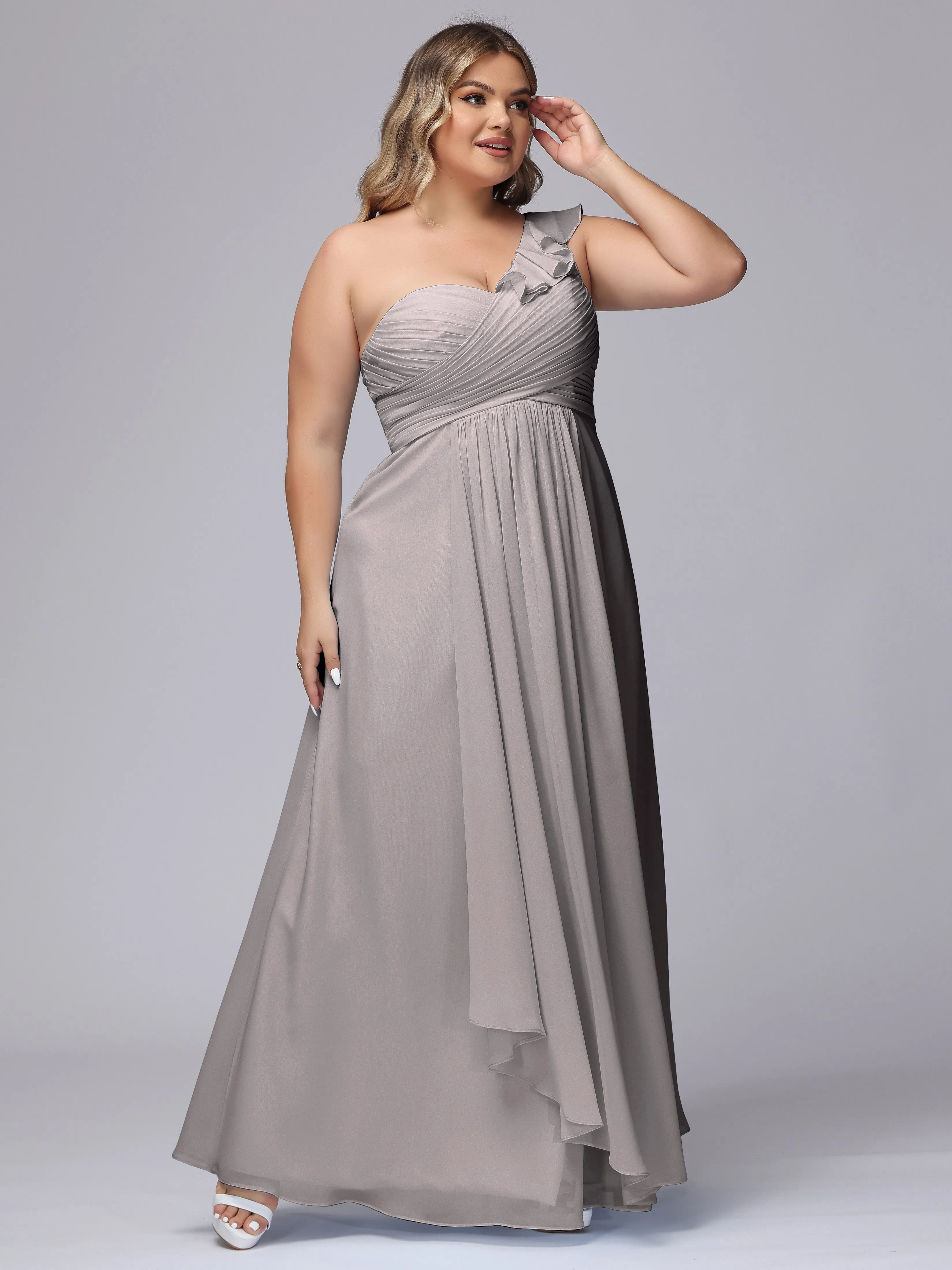 Flowy One-Shoulder Ruffles Chiffon Plus Size Bridesmaid Dresses