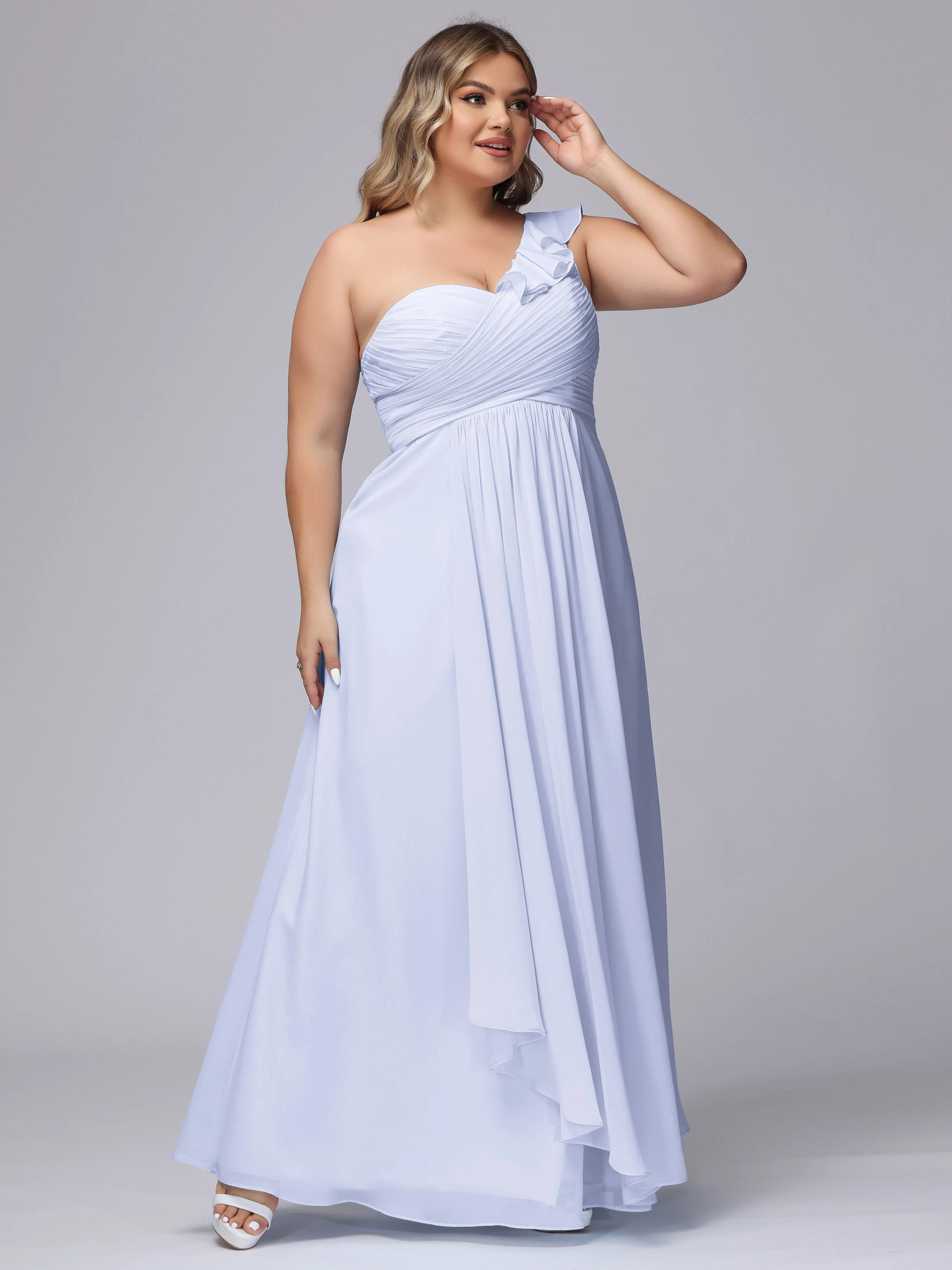 Flowy One-Shoulder Ruffles Chiffon Plus Size Bridesmaid Dresses