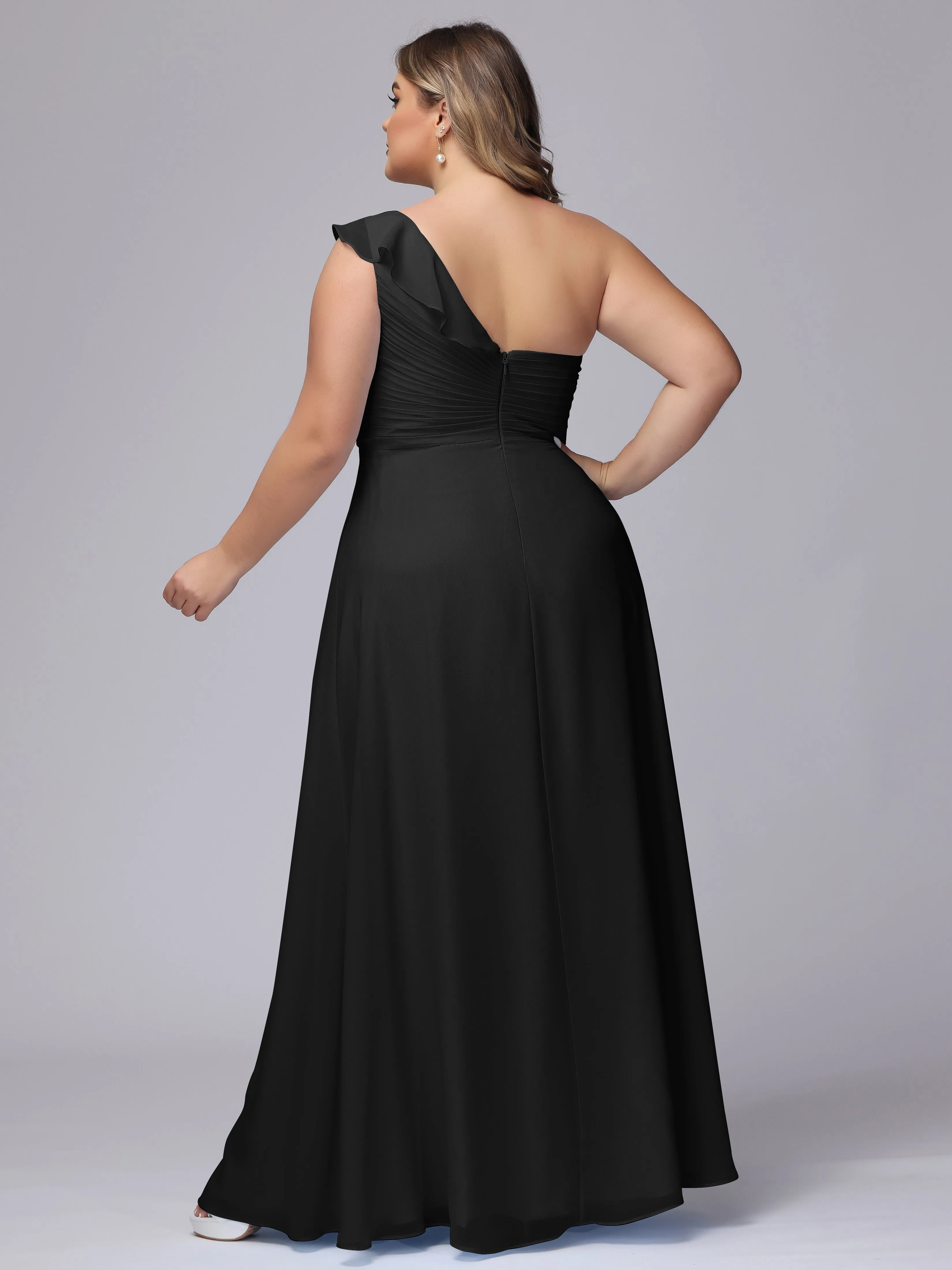 Flowy One-Shoulder Ruffles Chiffon Plus Size Bridesmaid Dresses