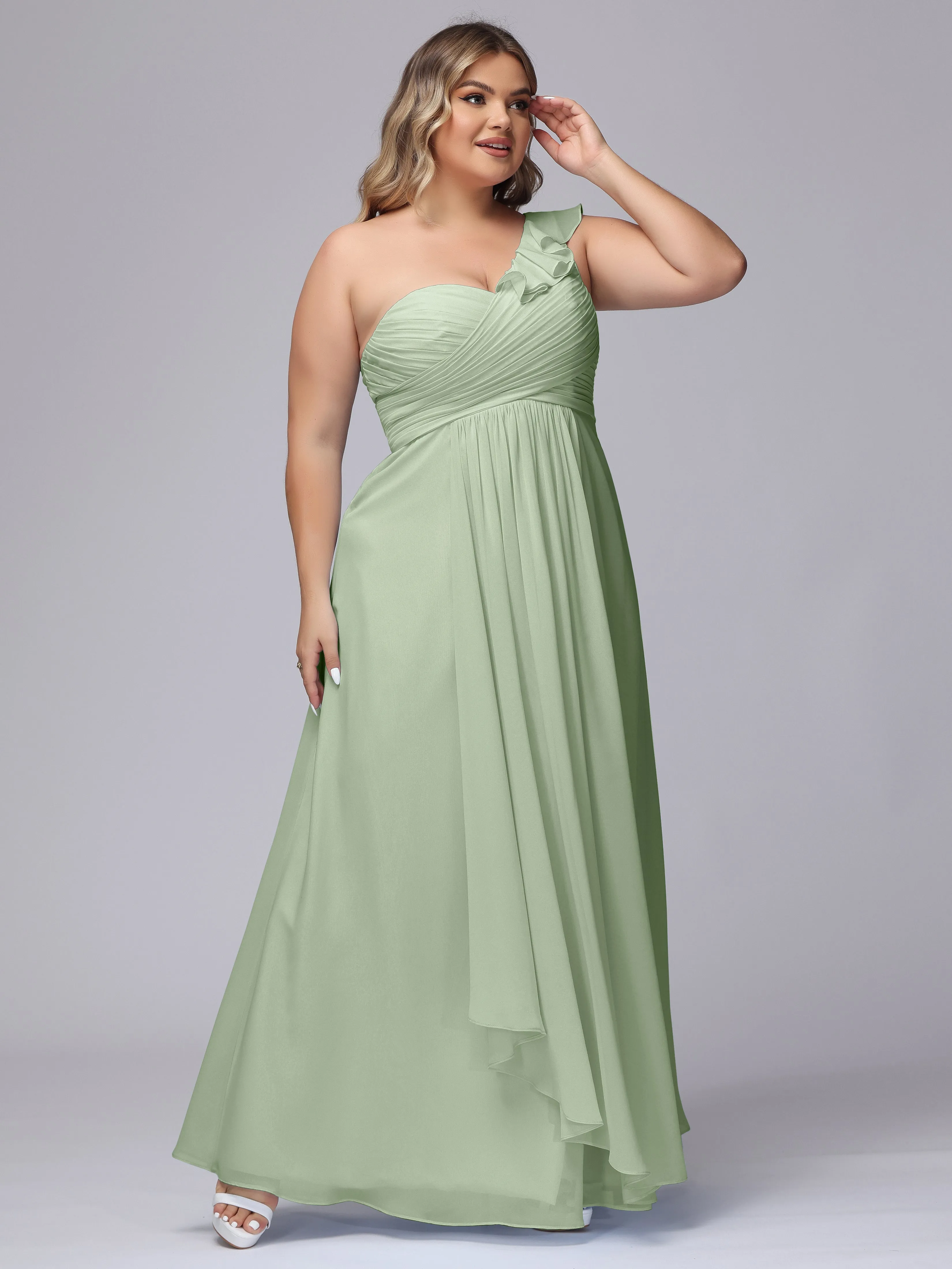 Flowy One-Shoulder Ruffles Chiffon Plus Size Bridesmaid Dresses