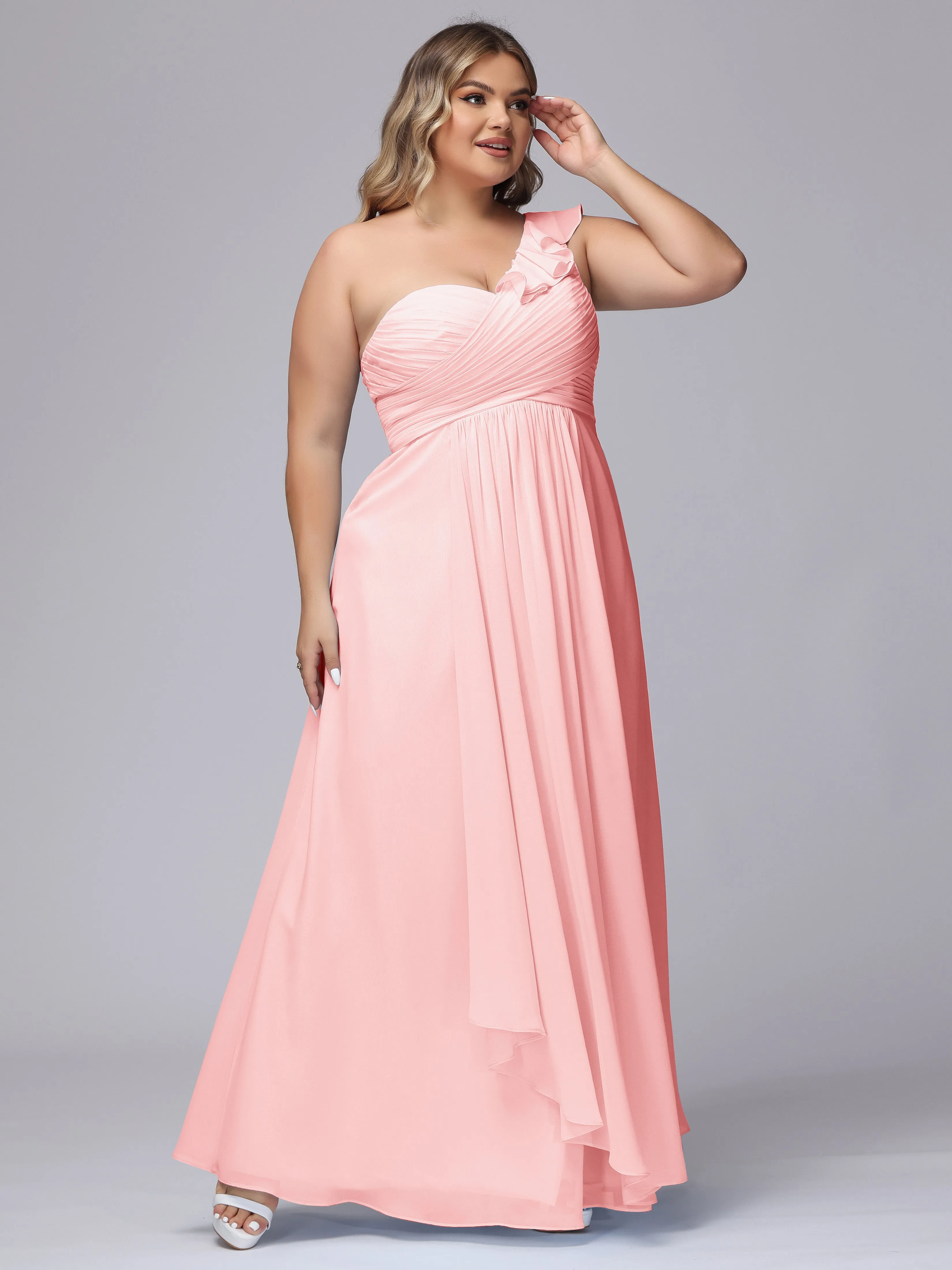 Flowy One-Shoulder Ruffles Chiffon Plus Size Bridesmaid Dresses