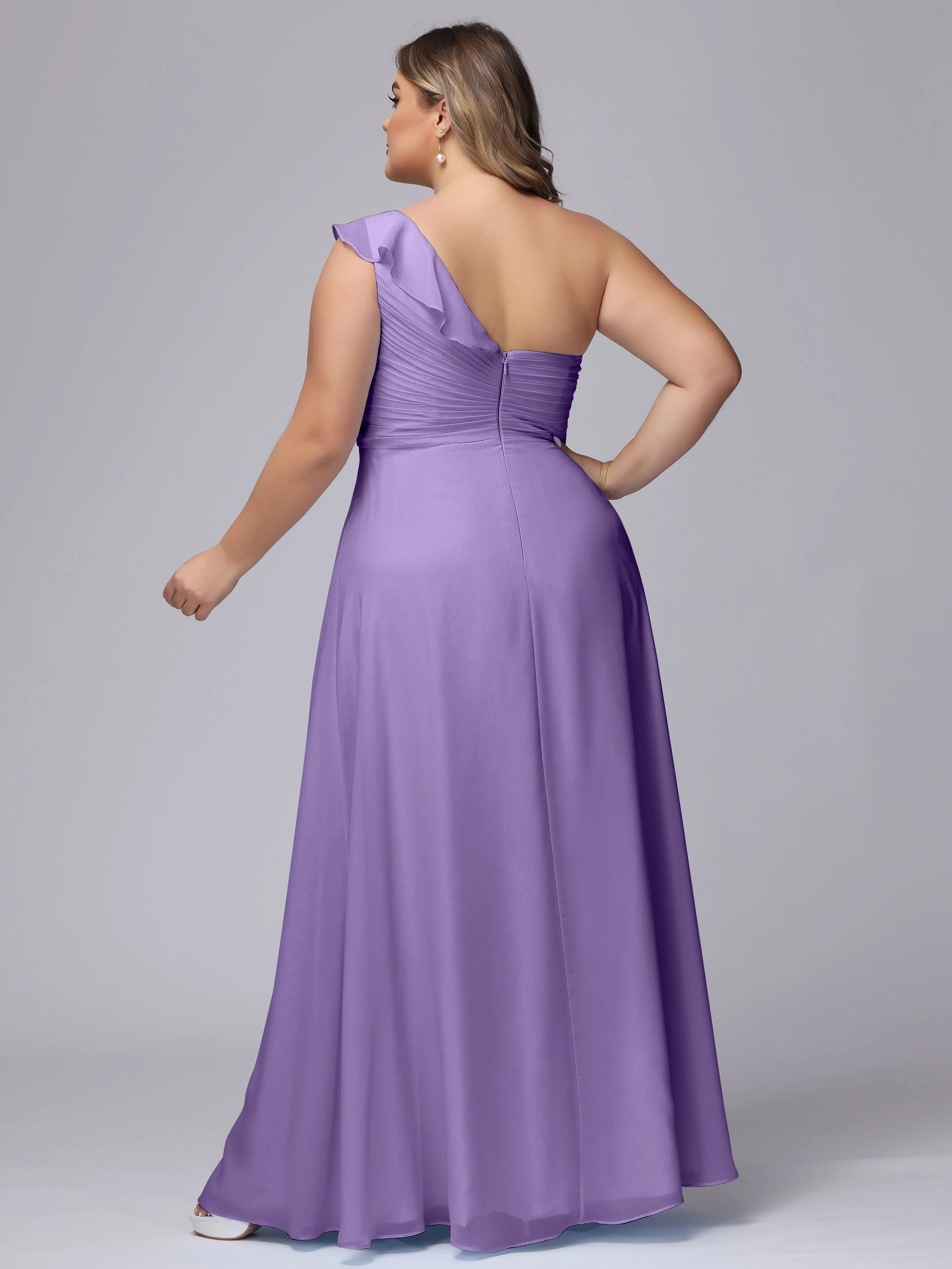 Flowy One-Shoulder Ruffles Chiffon Plus Size Bridesmaid Dresses