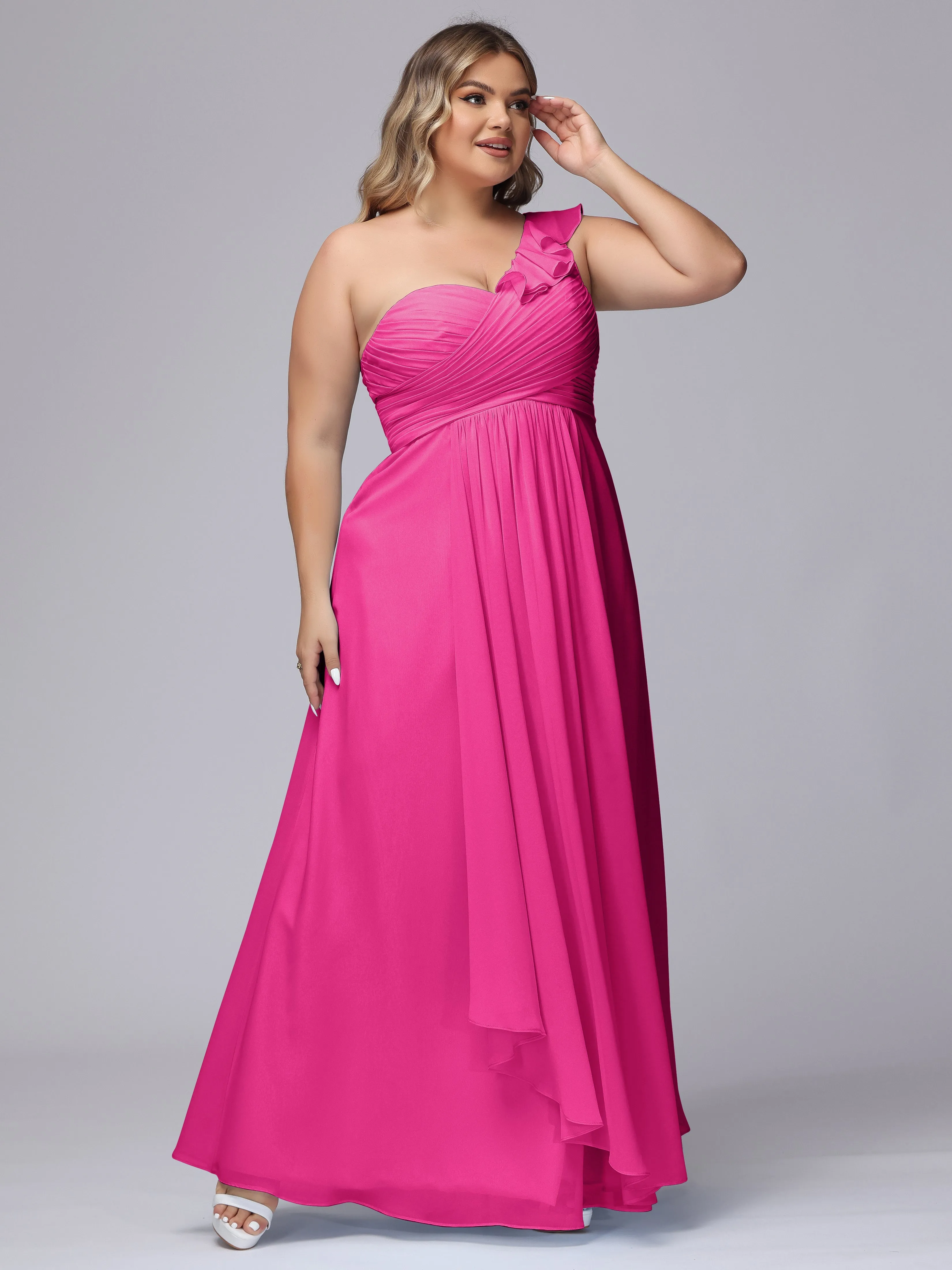 Flowy One-Shoulder Ruffles Chiffon Plus Size Bridesmaid Dresses