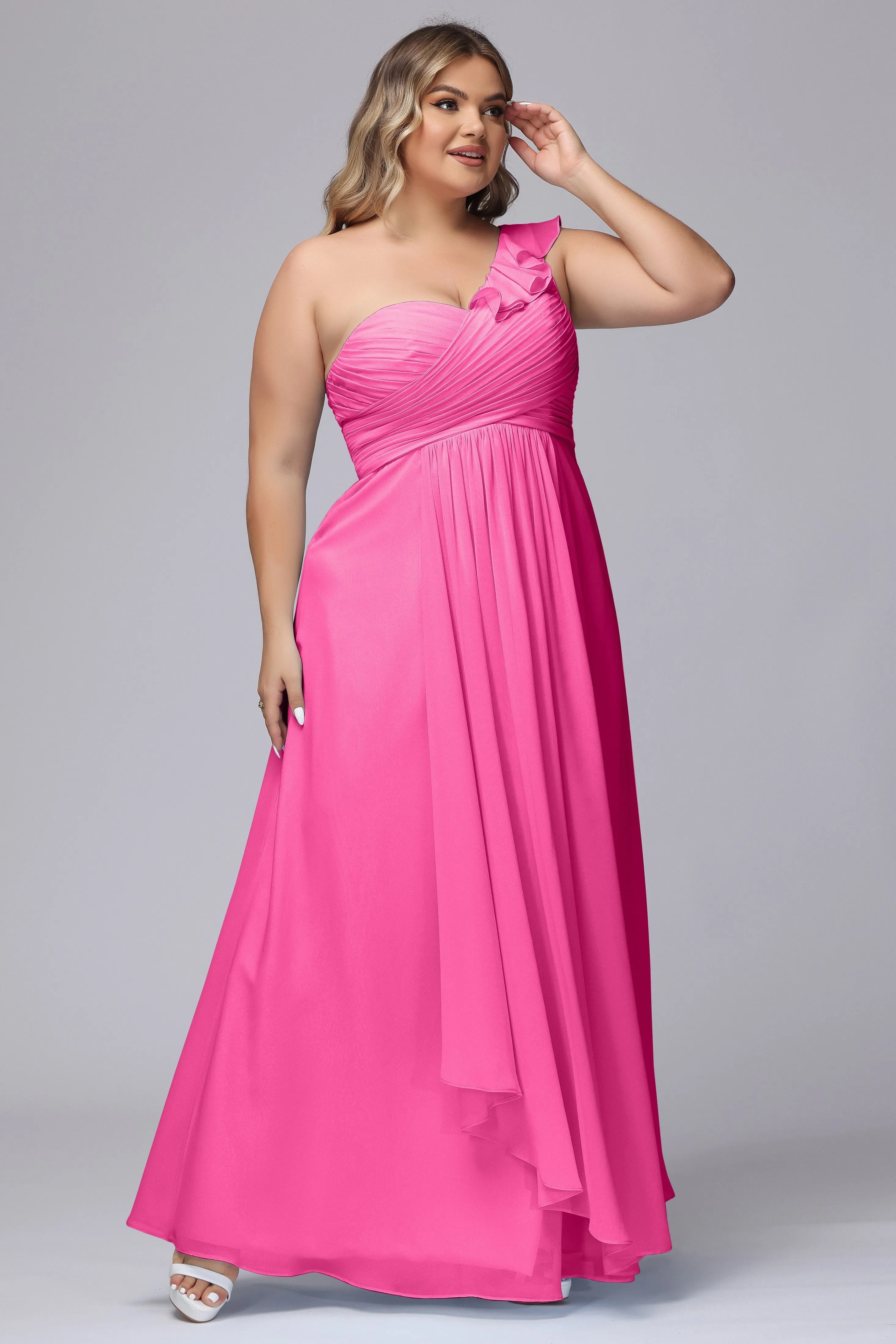 Flowy One-Shoulder Ruffles Chiffon Plus Size Bridesmaid Dresses