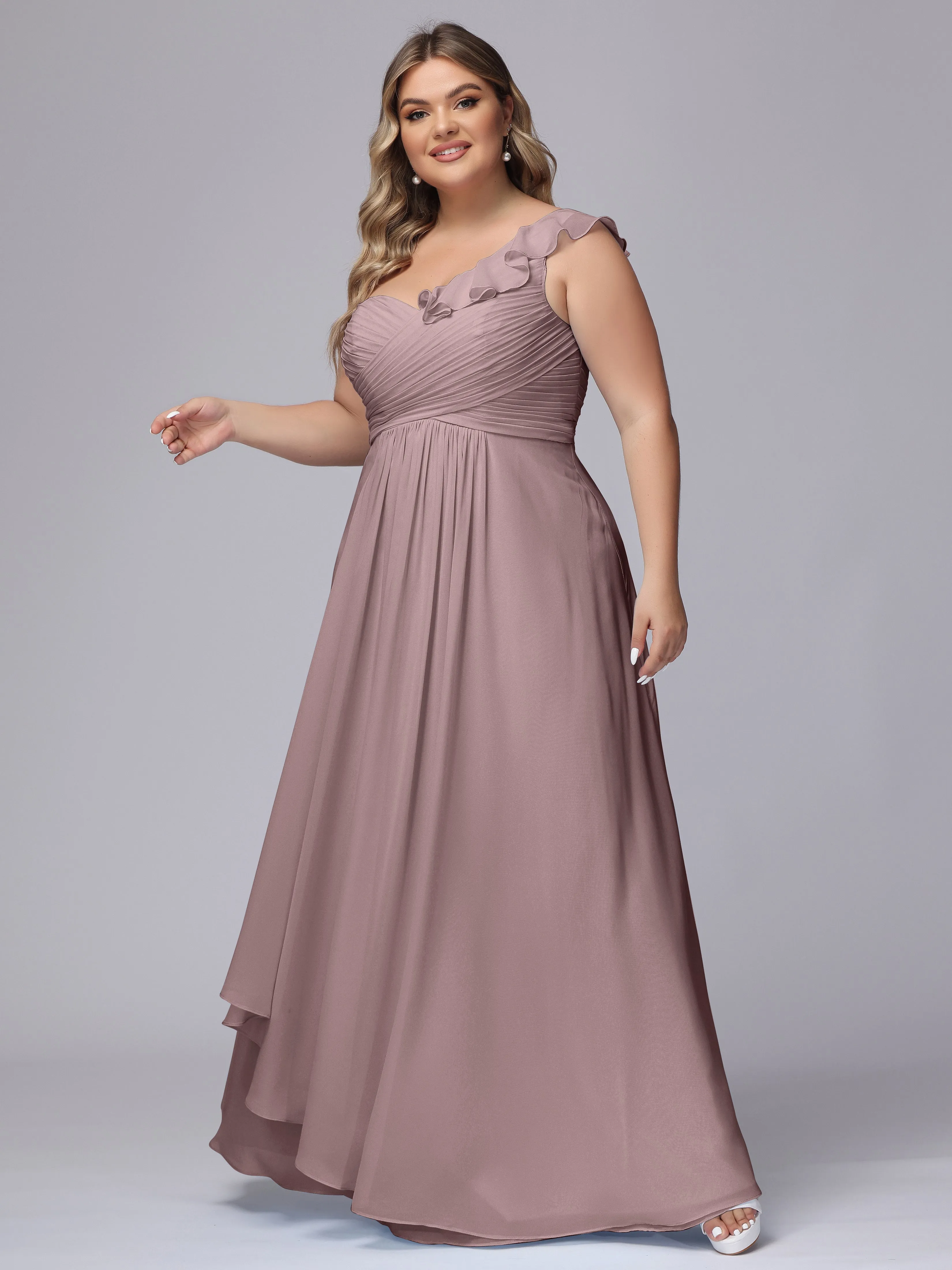 Flowy One-Shoulder Ruffles Chiffon Plus Size Bridesmaid Dresses