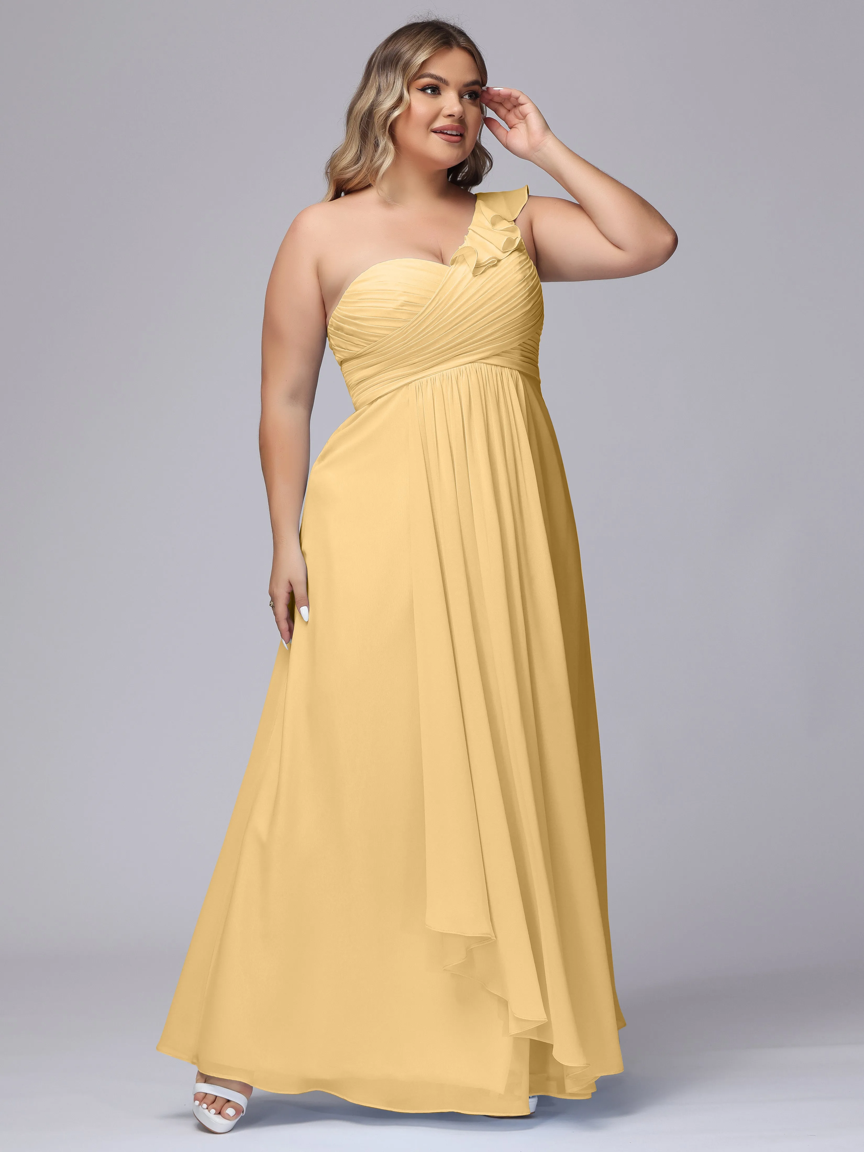 Flowy One-Shoulder Ruffles Chiffon Plus Size Bridesmaid Dresses