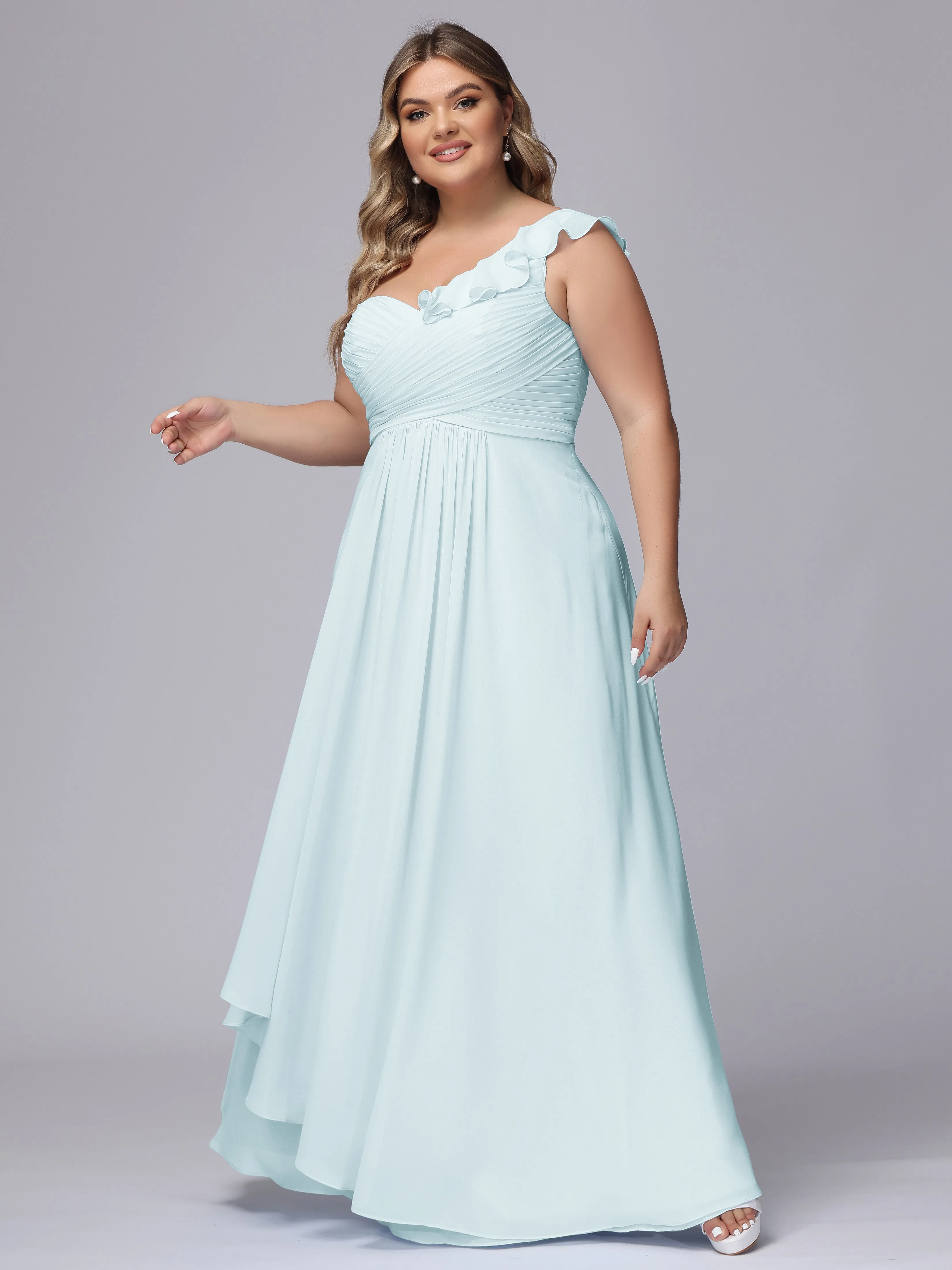 Flowy One-Shoulder Ruffles Chiffon Plus Size Bridesmaid Dresses