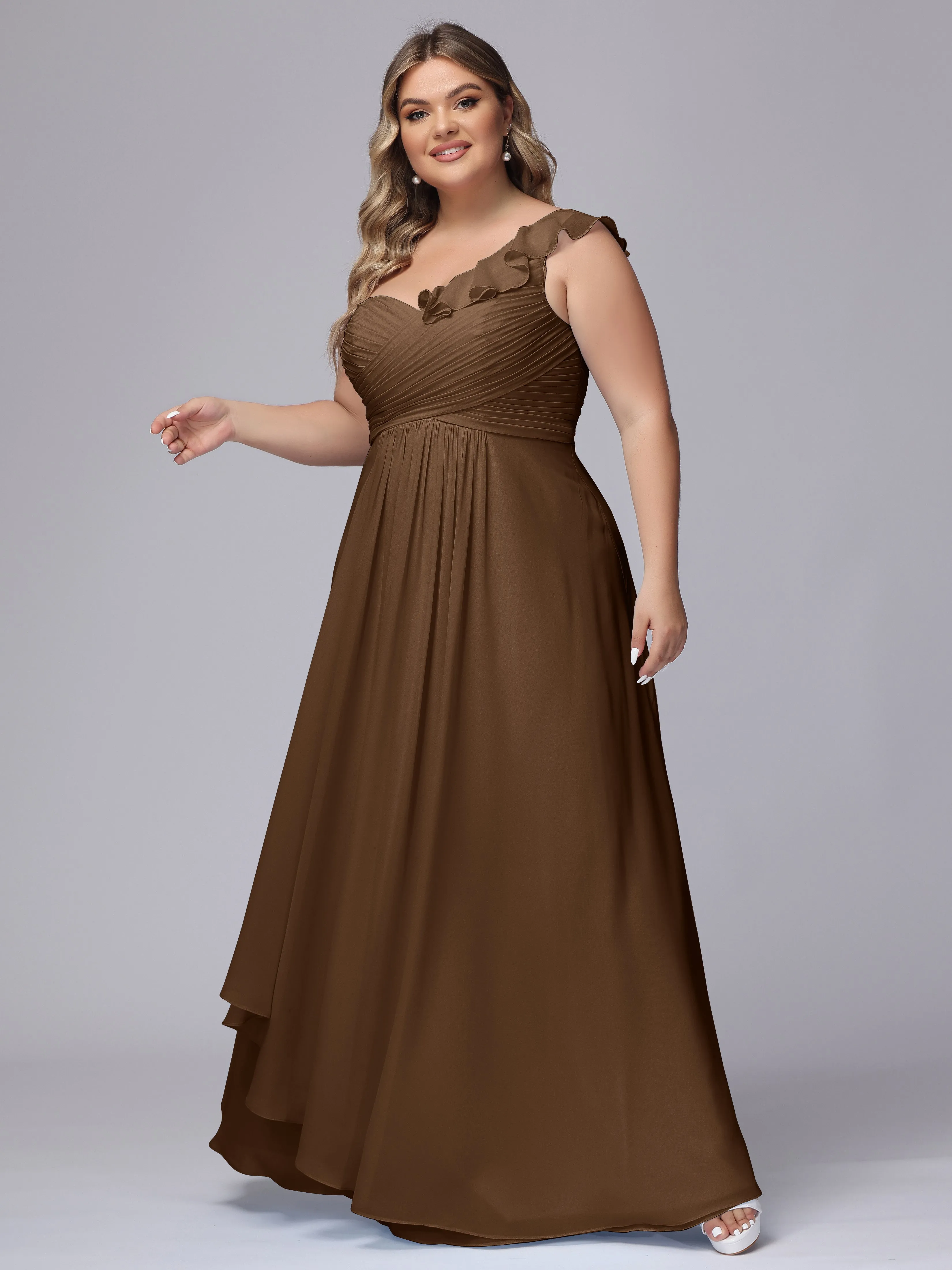 Flowy One-Shoulder Ruffles Chiffon Plus Size Bridesmaid Dresses