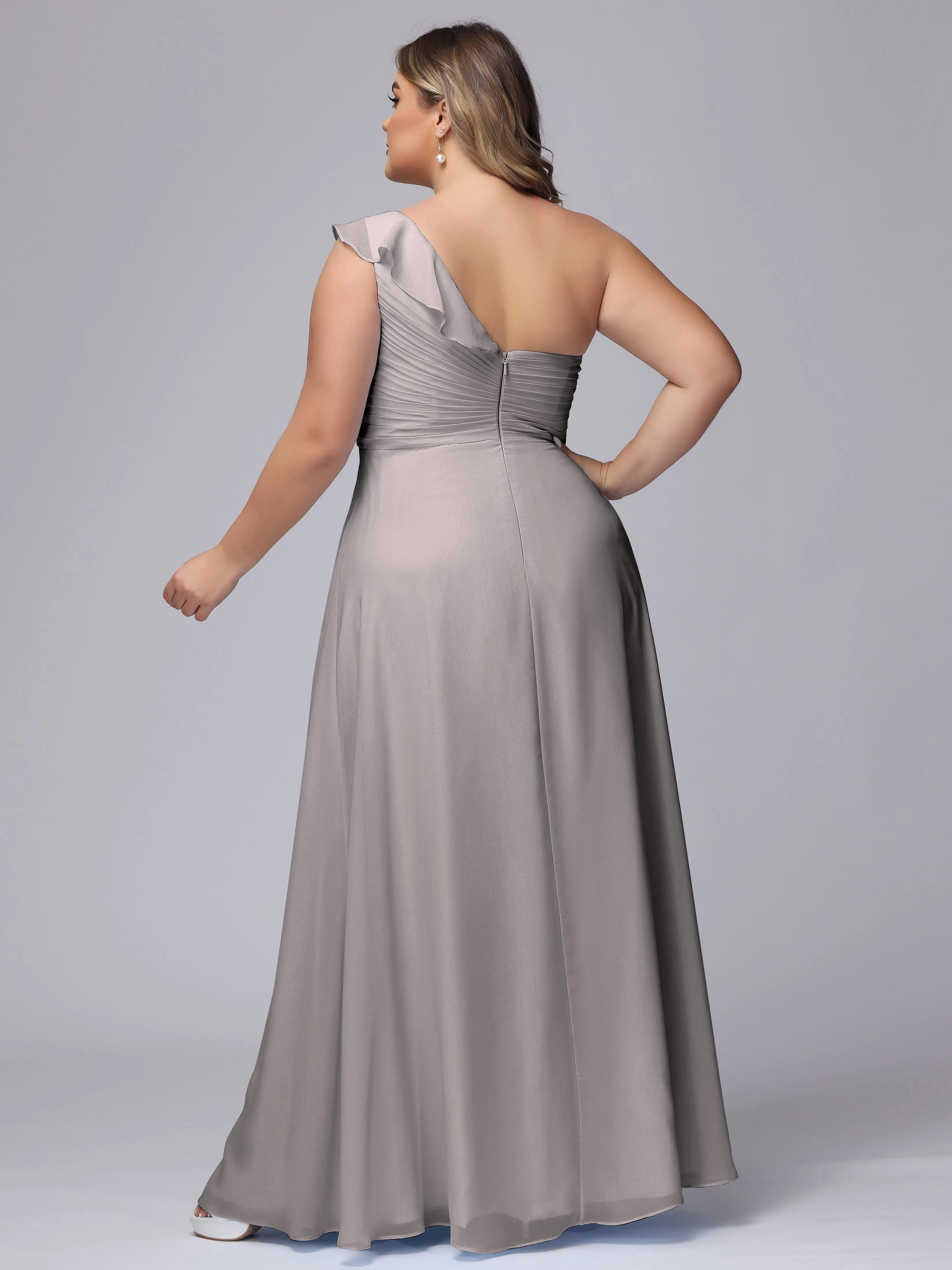 Flowy One-Shoulder Ruffles Chiffon Plus Size Bridesmaid Dresses