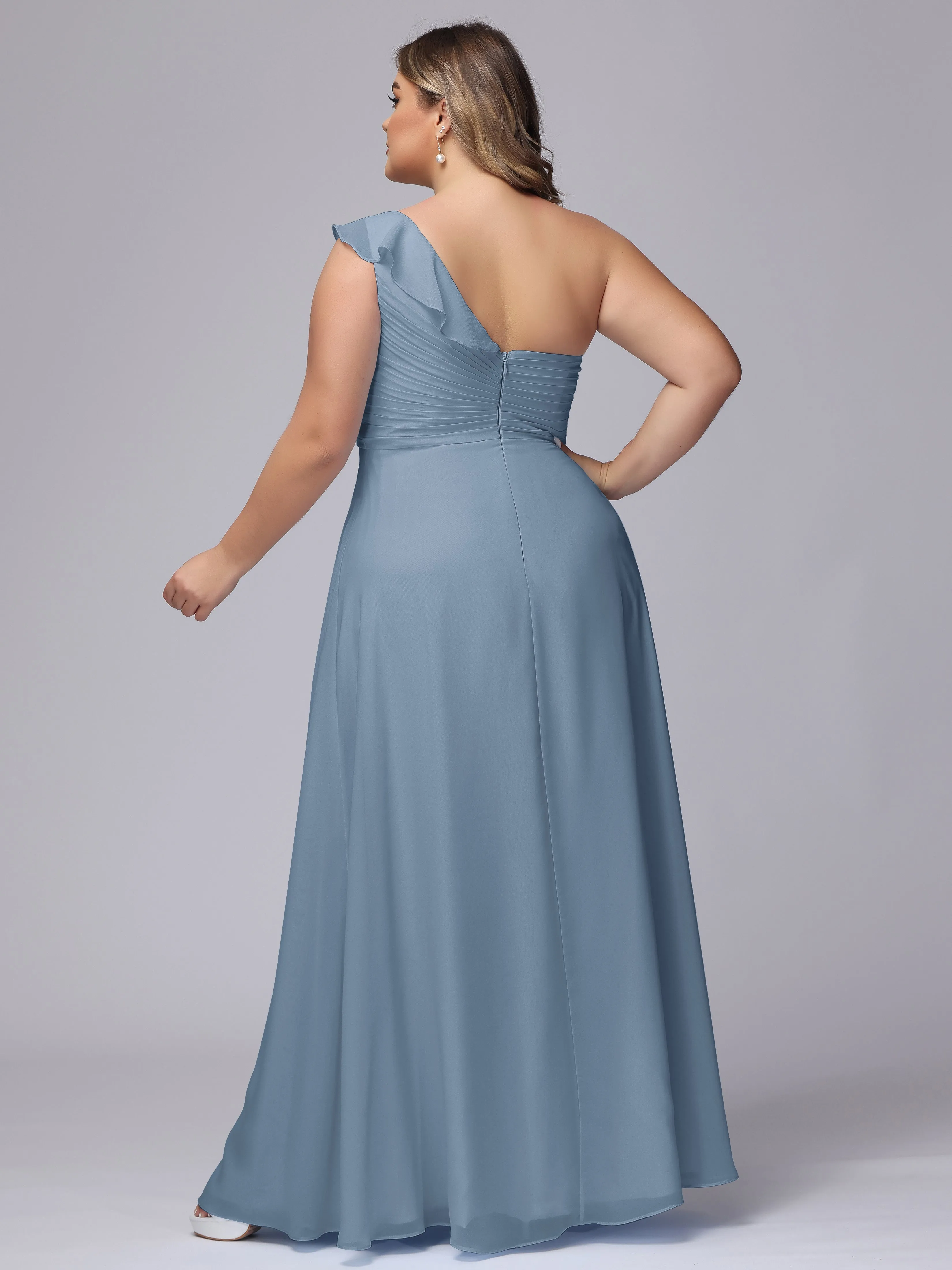 Flowy One-Shoulder Ruffles Chiffon Plus Size Bridesmaid Dresses