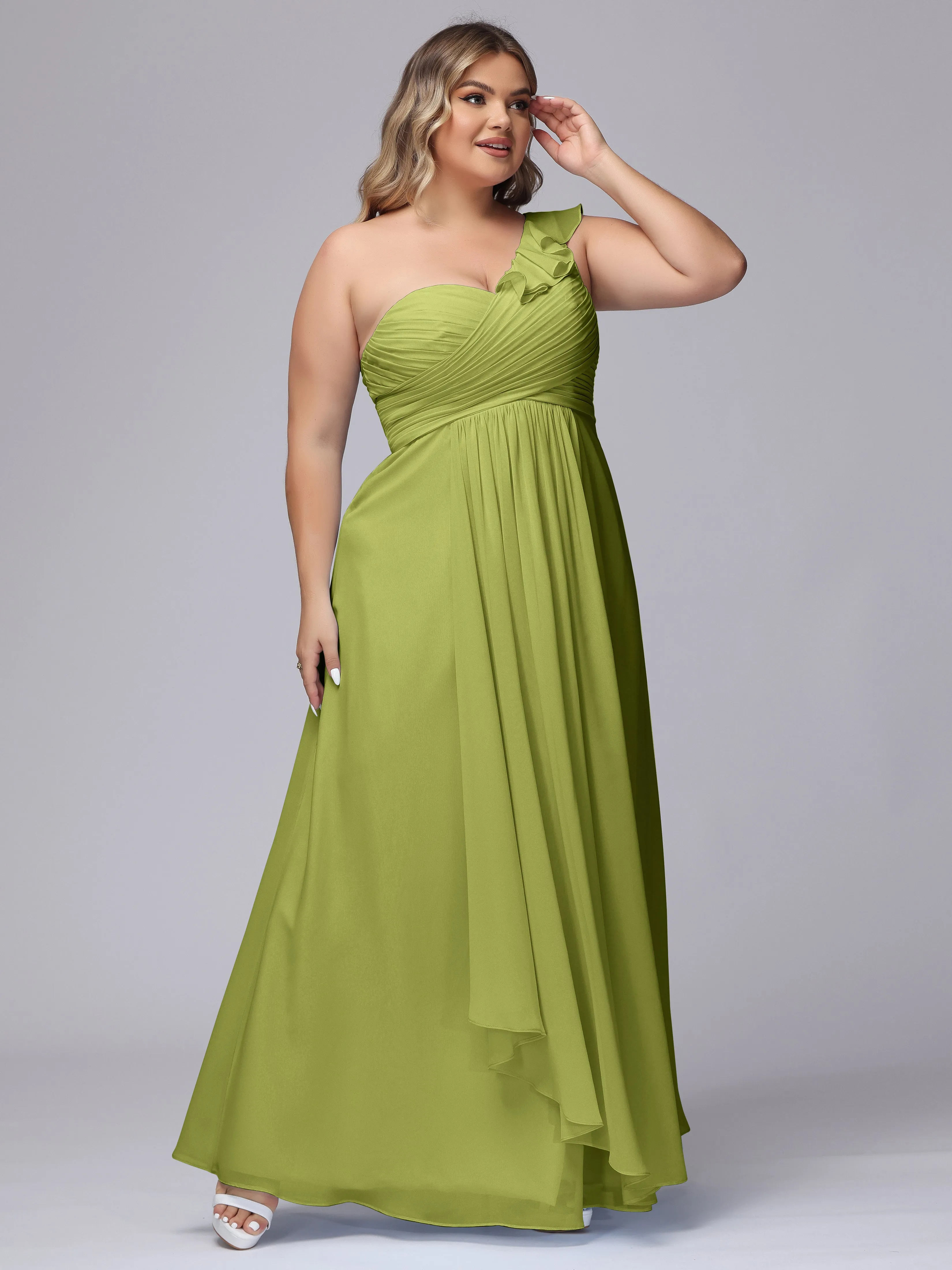 Flowy One-Shoulder Ruffles Chiffon Plus Size Bridesmaid Dresses