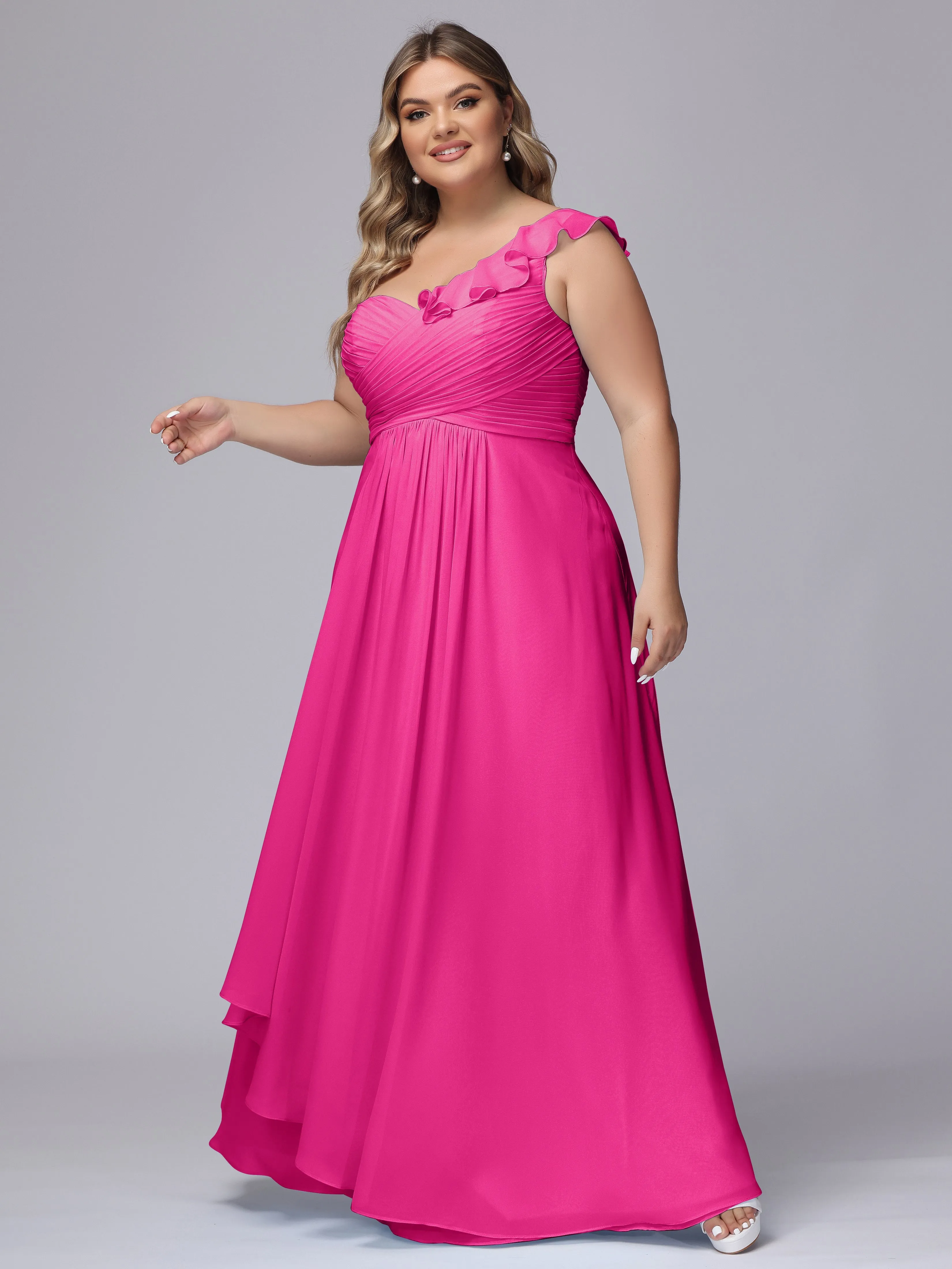 Flowy One-Shoulder Ruffles Chiffon Plus Size Bridesmaid Dresses