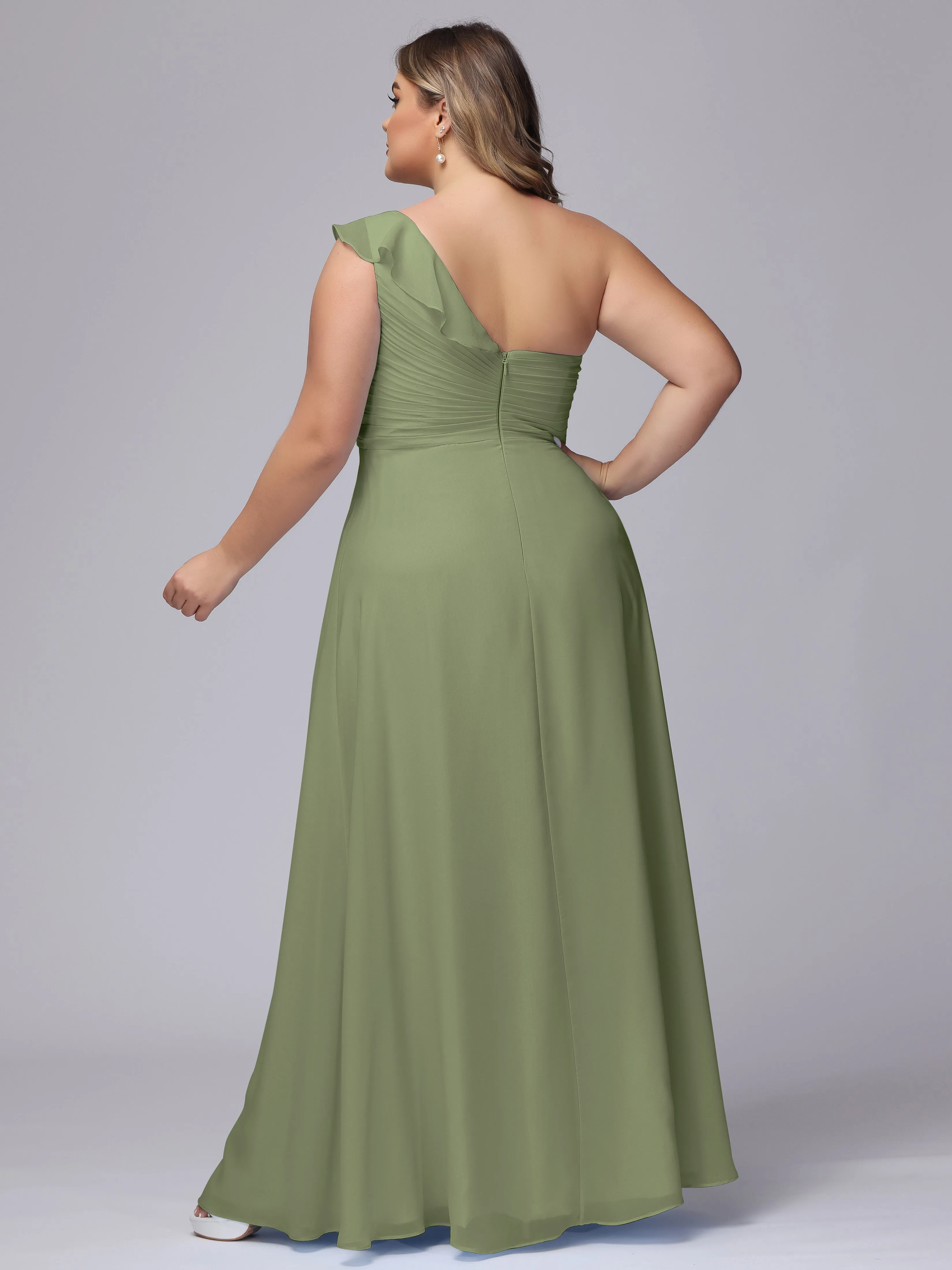 Flowy One-Shoulder Ruffles Chiffon Plus Size Bridesmaid Dresses