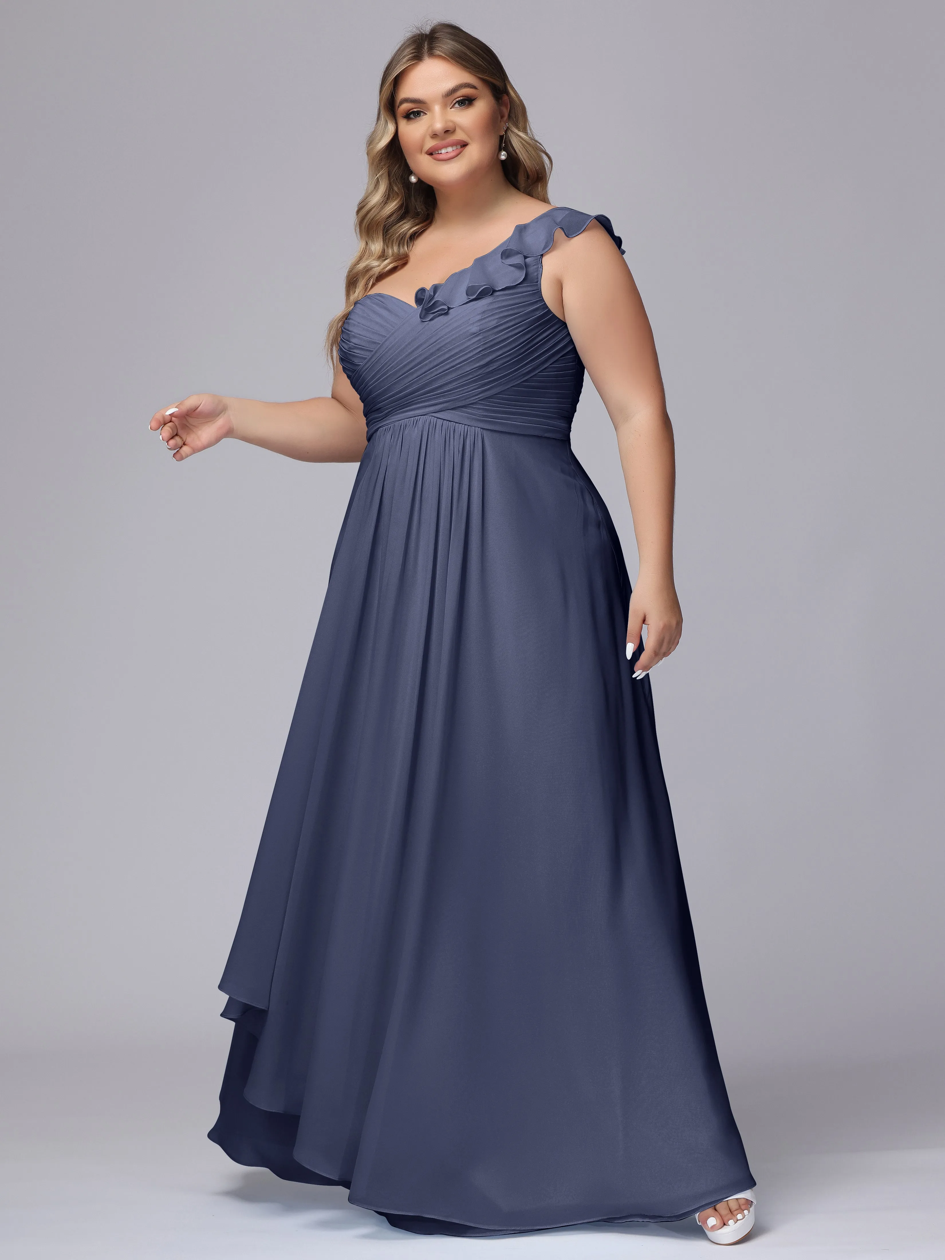 Flowy One-Shoulder Ruffles Chiffon Plus Size Bridesmaid Dresses