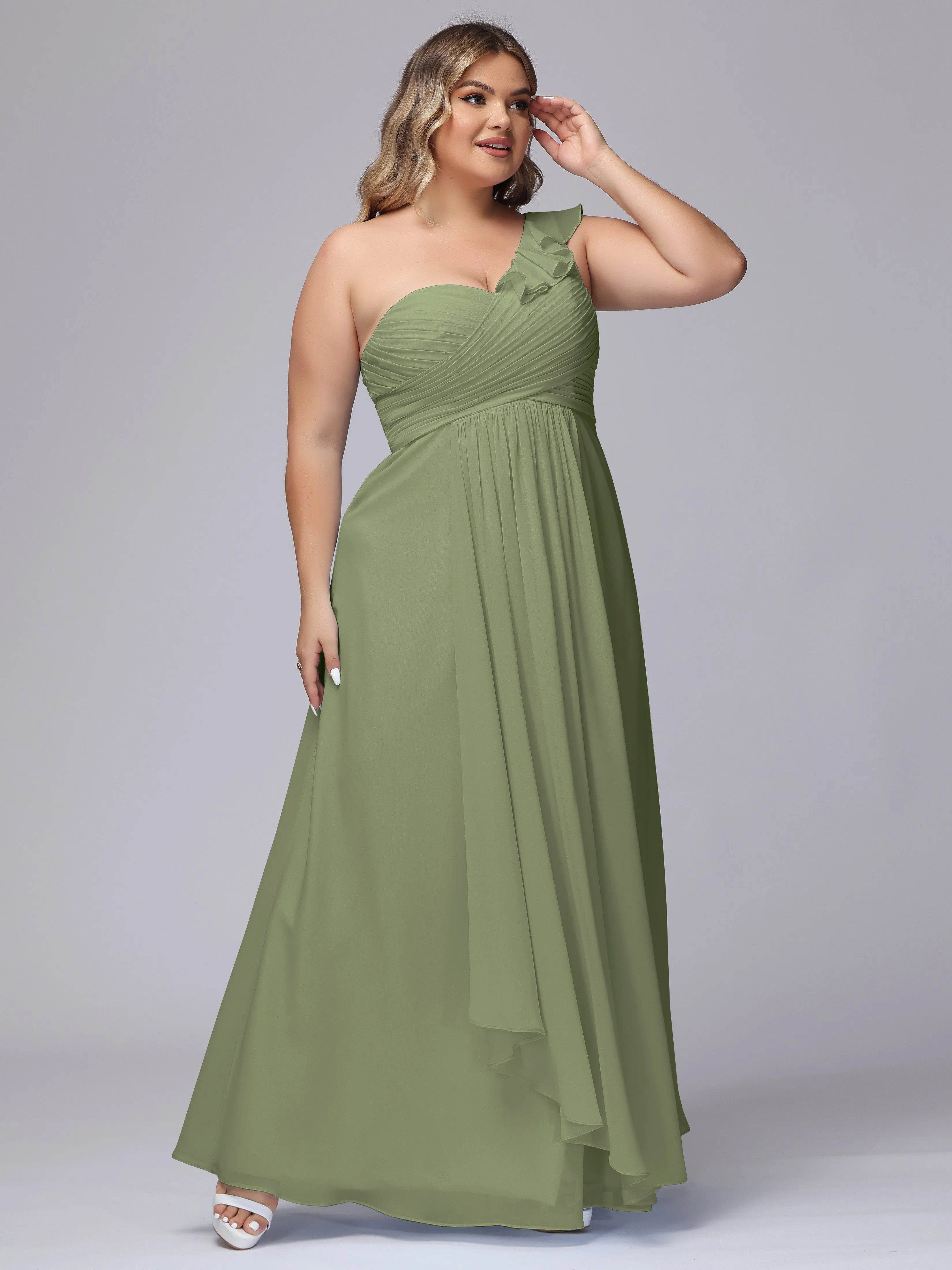 Flowy One-Shoulder Ruffles Chiffon Plus Size Bridesmaid Dresses