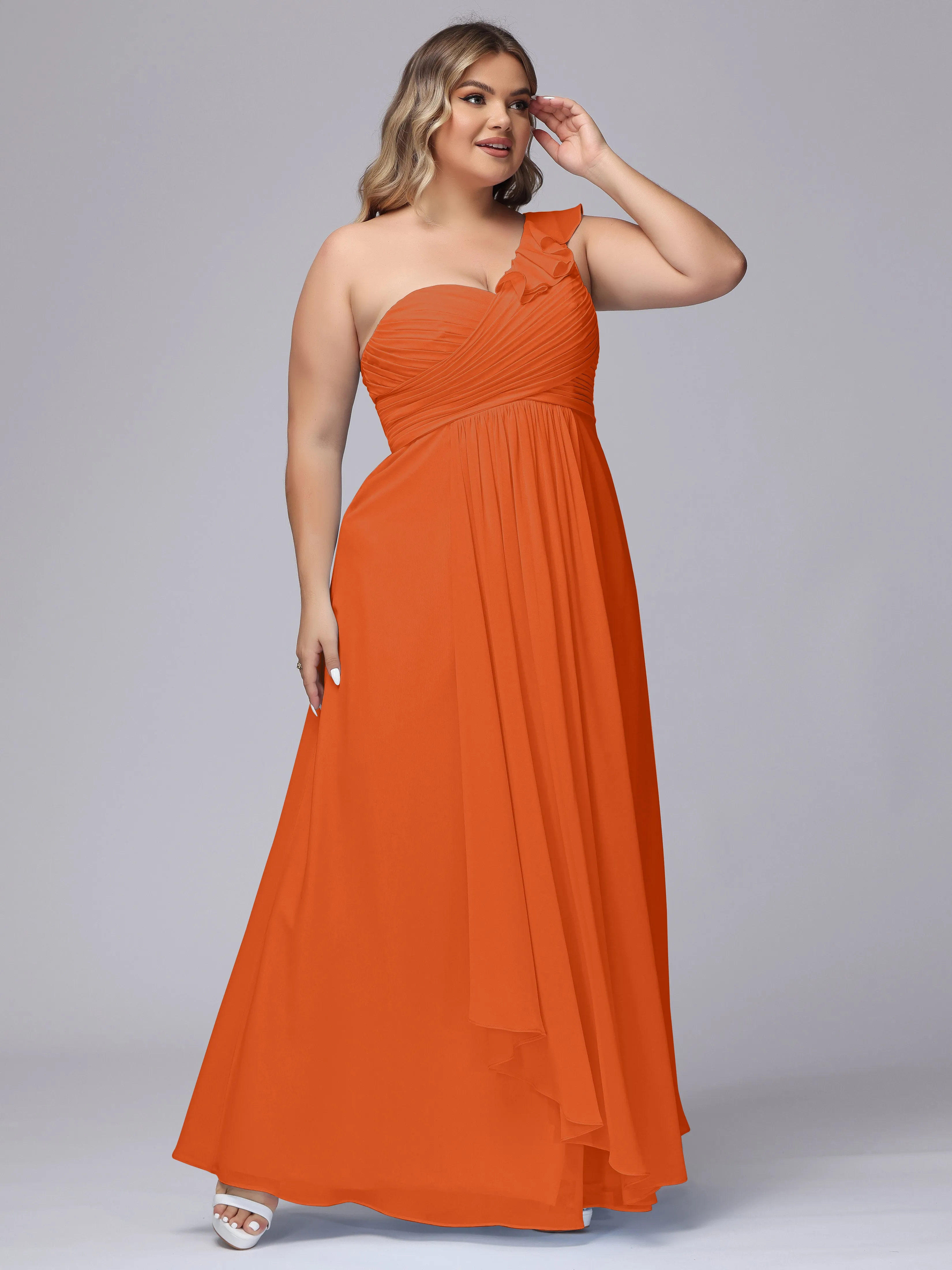 Flowy One-Shoulder Ruffles Chiffon Plus Size Bridesmaid Dresses