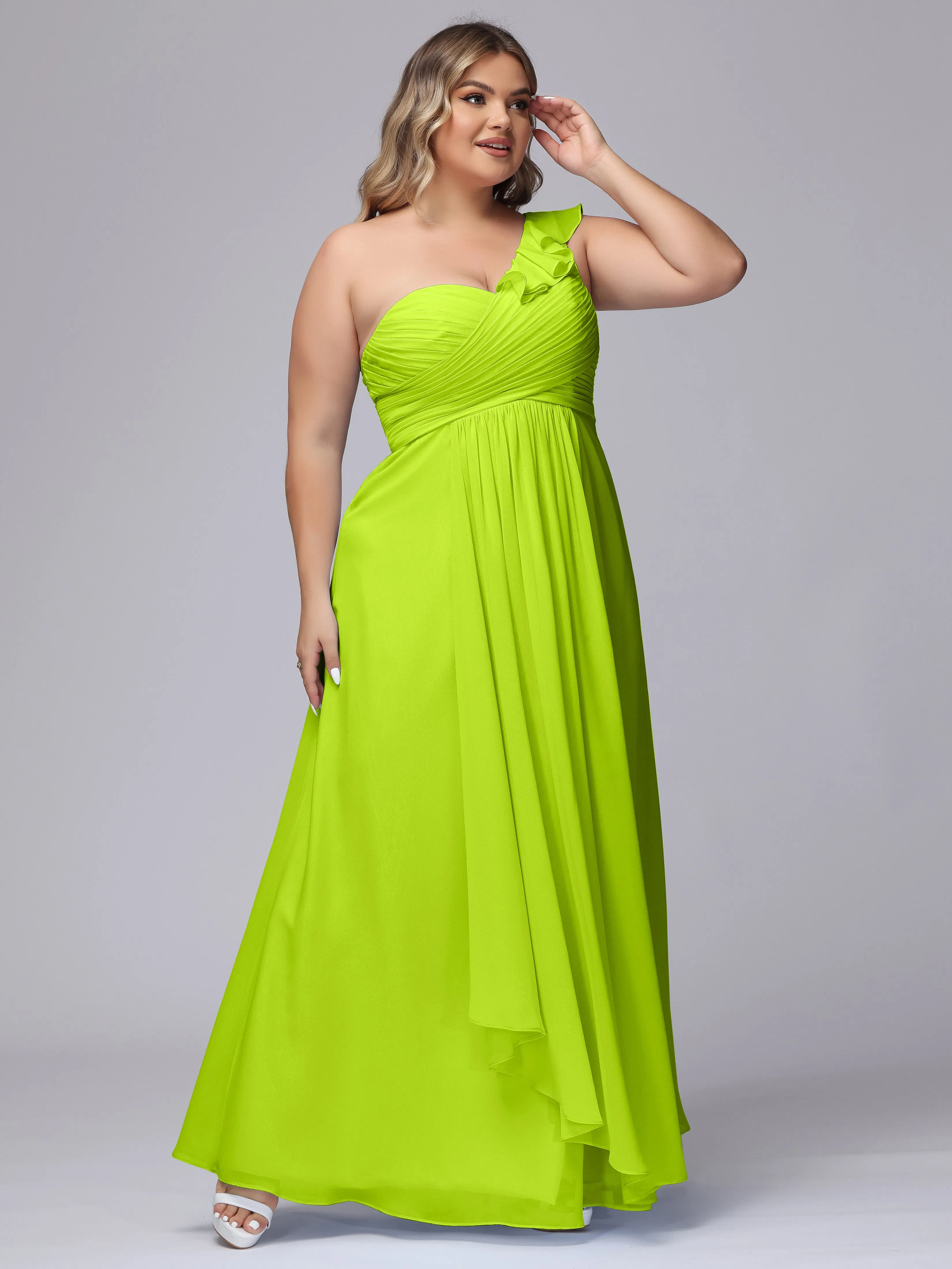 Flowy One-Shoulder Ruffles Chiffon Plus Size Bridesmaid Dresses