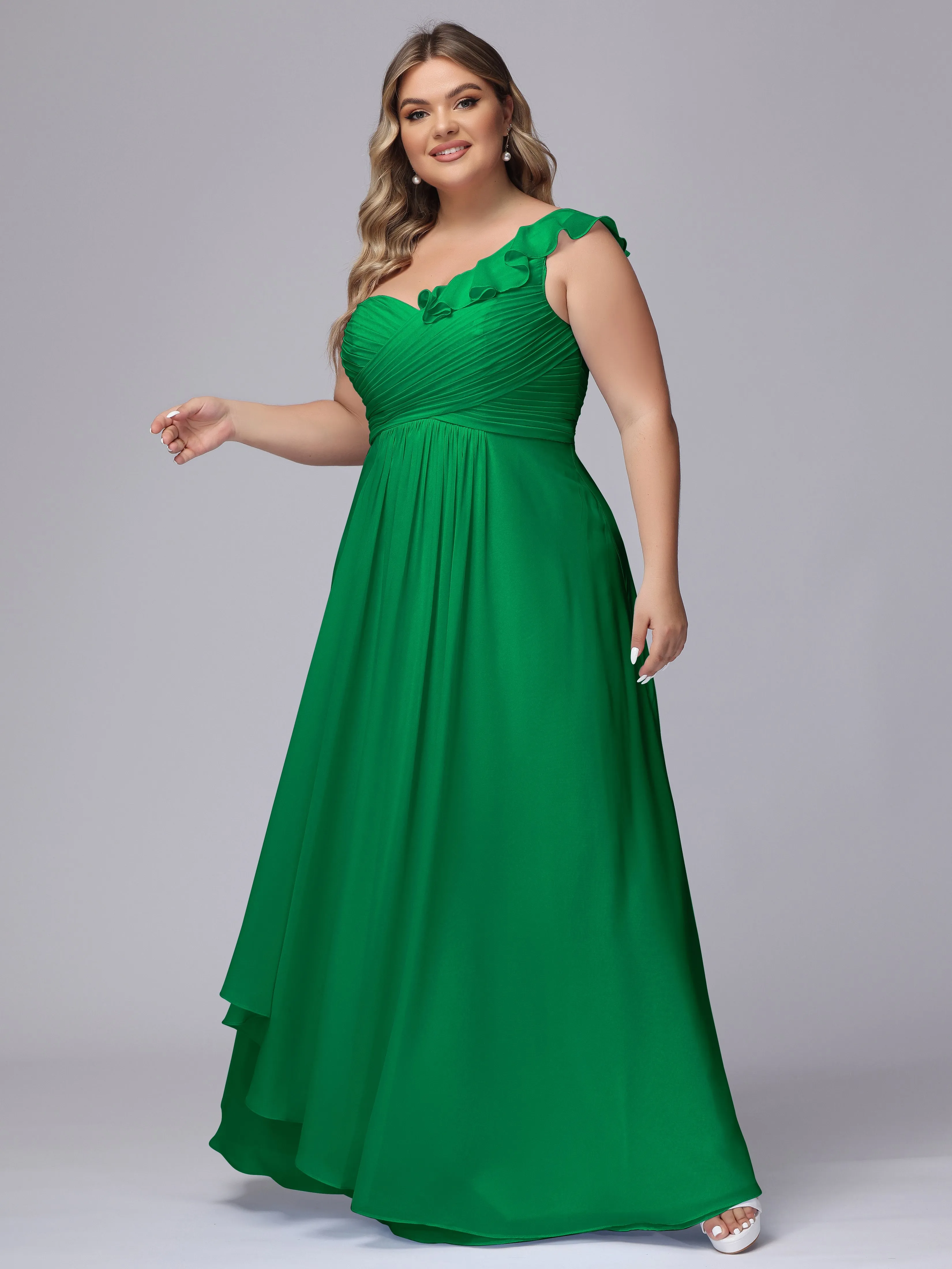 Flowy One-Shoulder Ruffles Chiffon Plus Size Bridesmaid Dresses