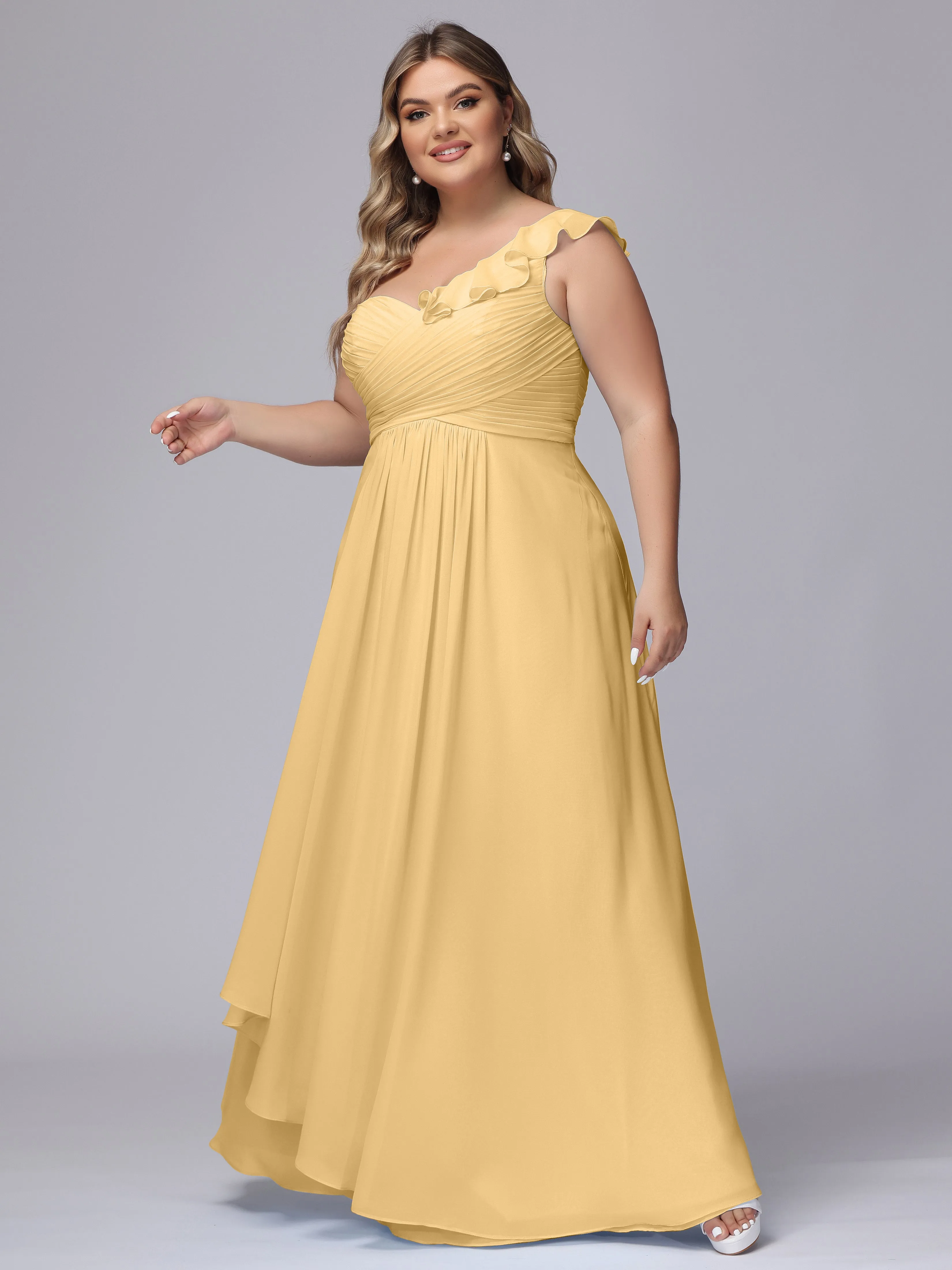 Flowy One-Shoulder Ruffles Chiffon Plus Size Bridesmaid Dresses