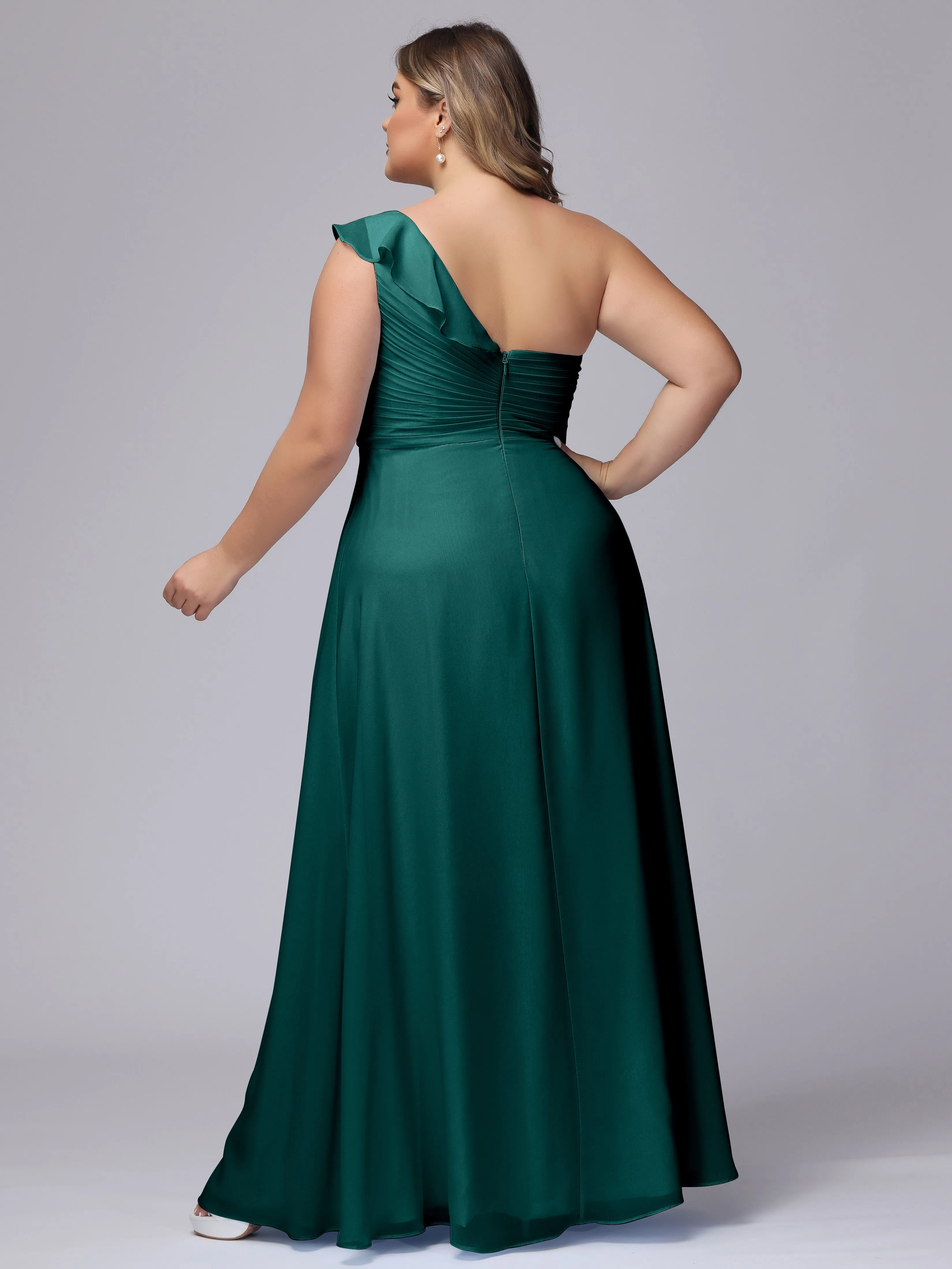 Flowy One-Shoulder Ruffles Chiffon Plus Size Bridesmaid Dresses